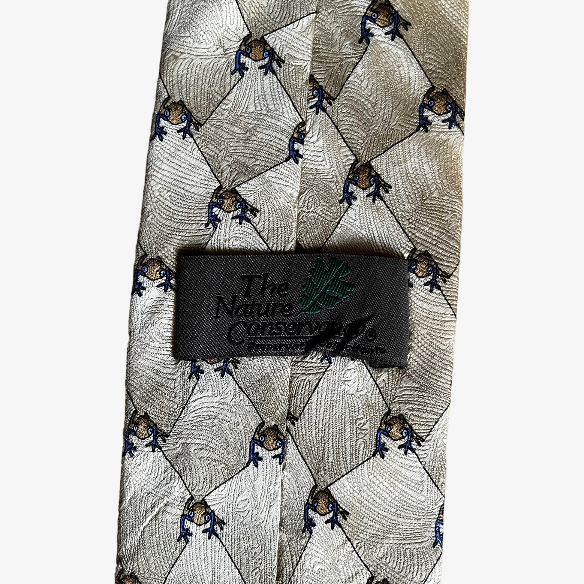 Vintage 90s The Nature Conservancy Geometric Maki Frog Print Silk Tie Label - Casspios Dream