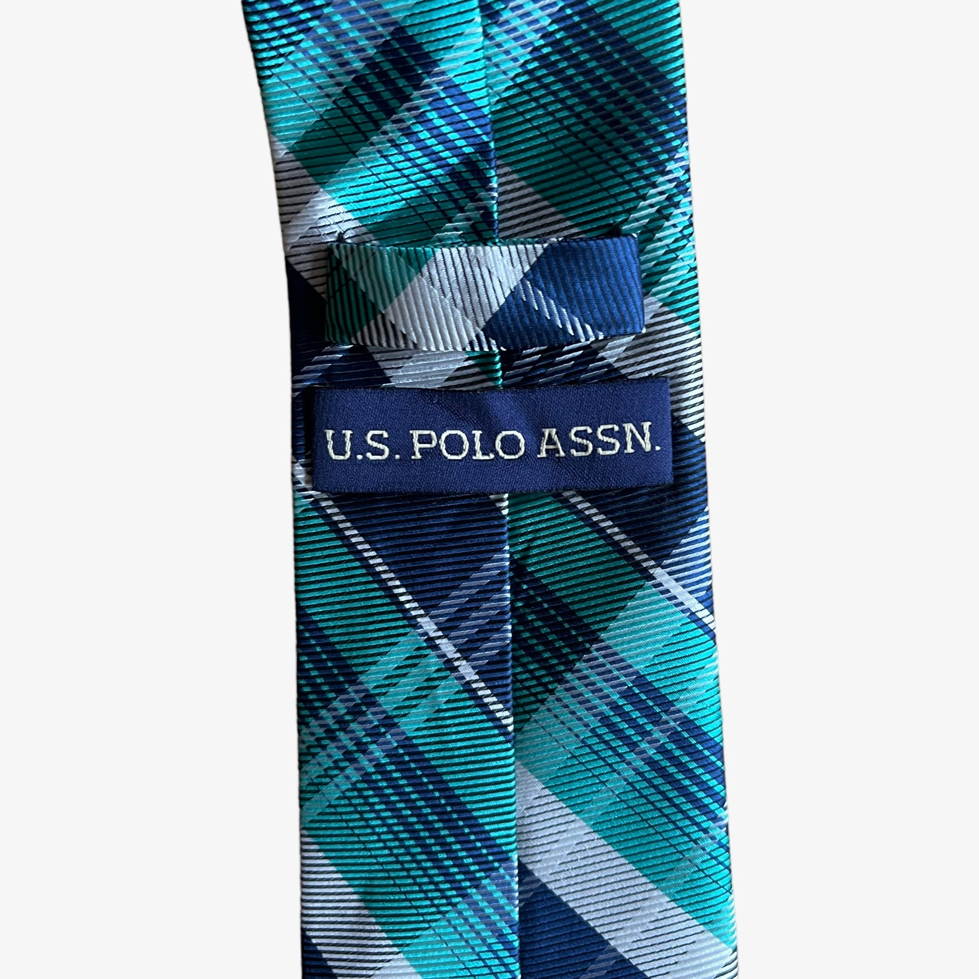 Vintage 90s U.S Polo Assn. Blue Tartan Print Polyester Tie Label - Casspios Dream