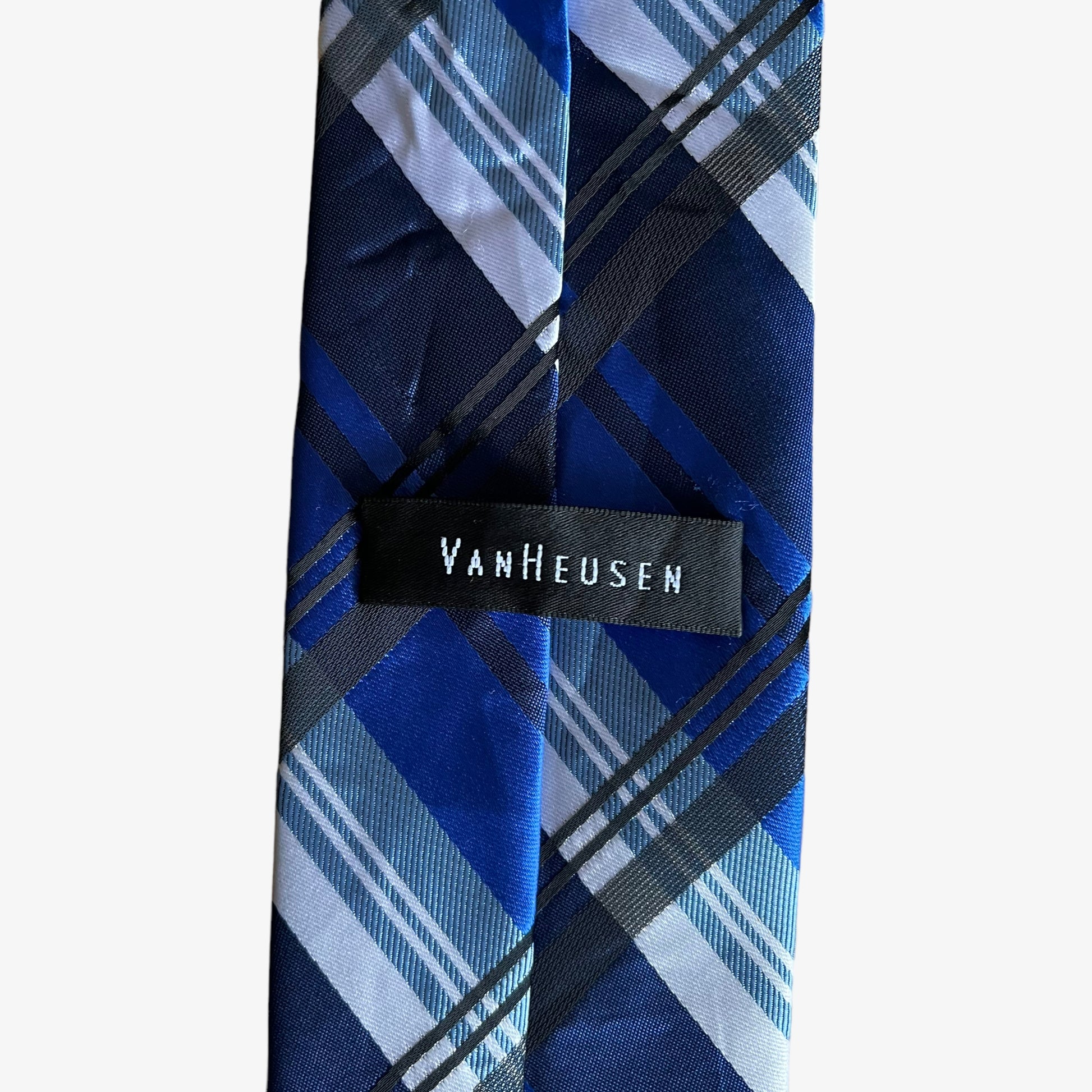 Vintage 90s Van Heusen Blue Tartan Print Polyester Tie Label - Casspios Dream