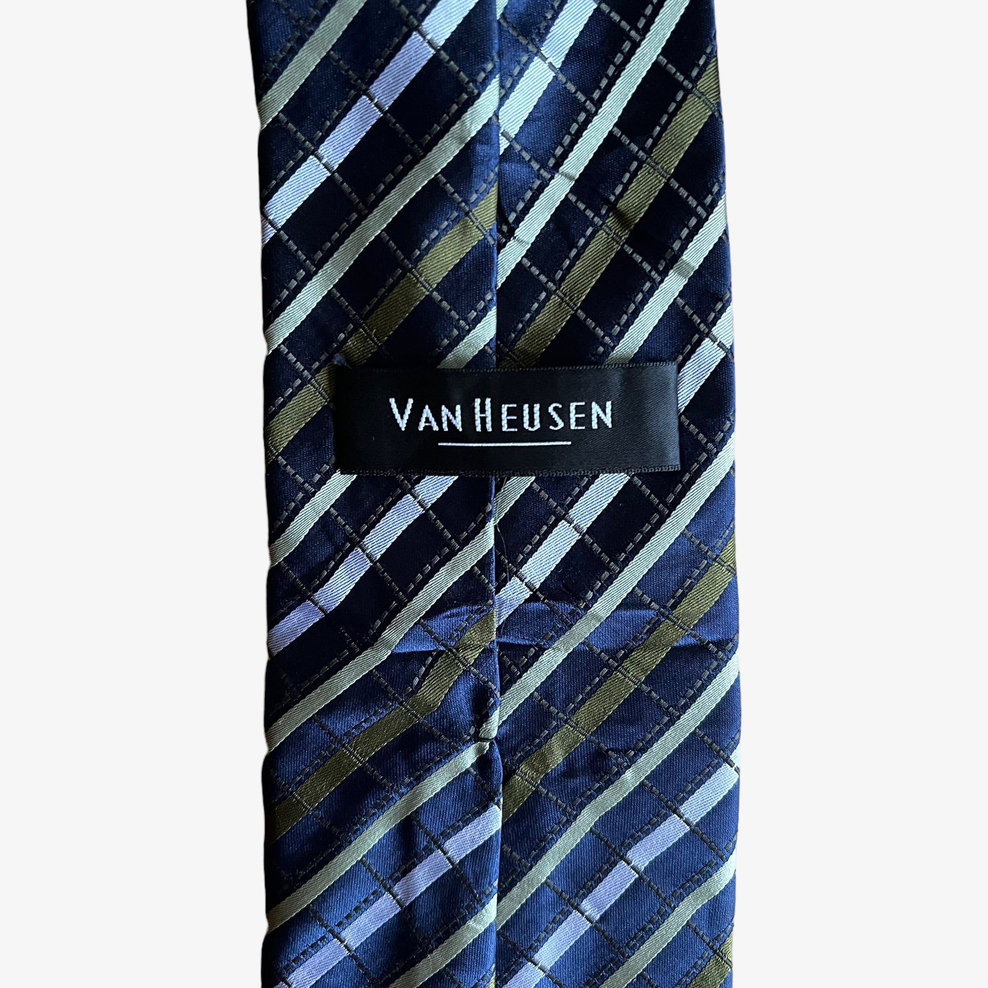 Vintage 90s Van Heusen Navy & Green Striped Polyester Tie Label - Casspios Dream