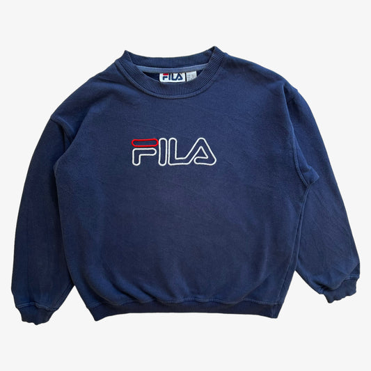 Vintage 90s Womens Fila Embroidered Centre Spell Out Navy Sweatshirt - Casspios Dream