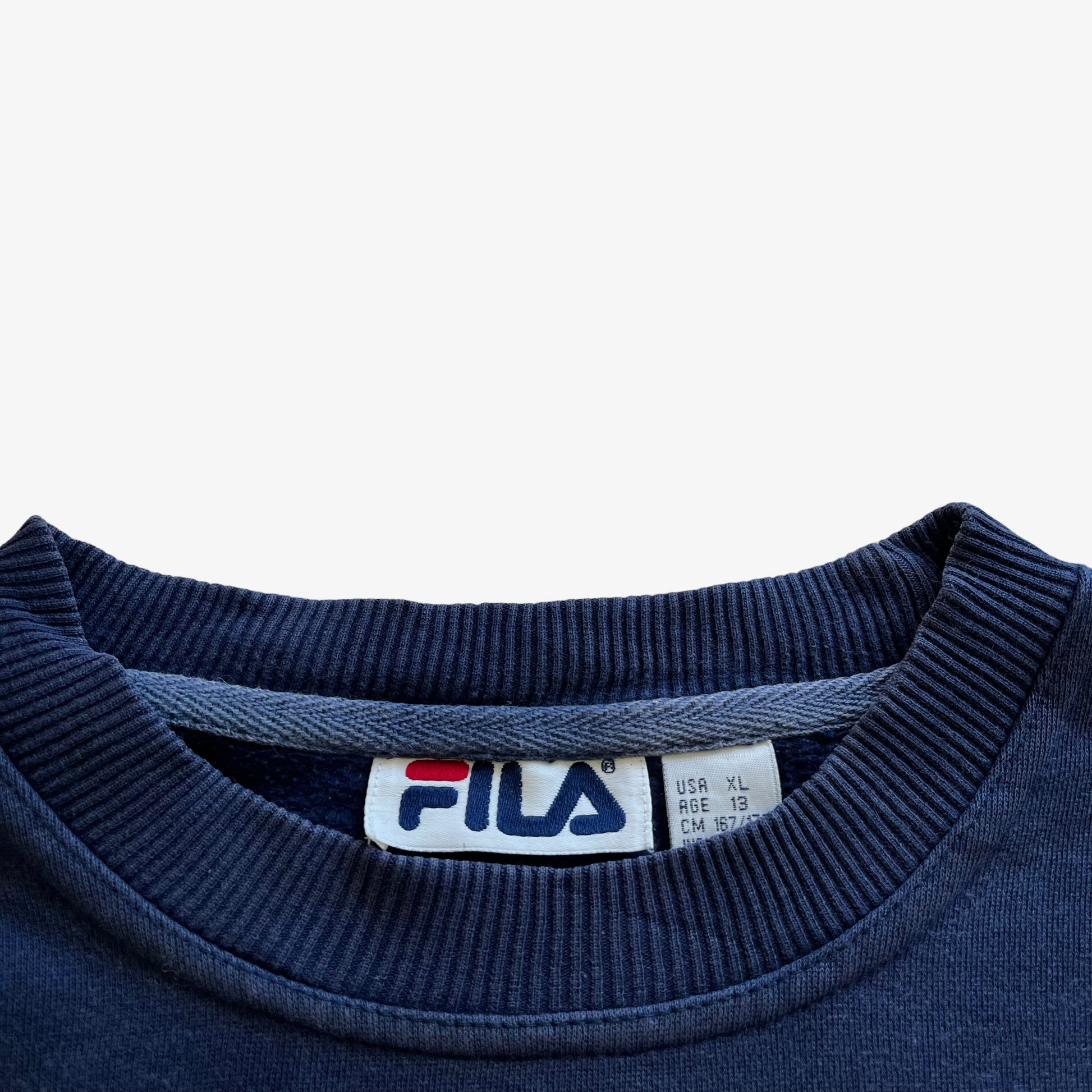 Vintage 90s Womens Fila Embroidered Centre Spell Out Navy Sweatshirt Label - Casspios Dream