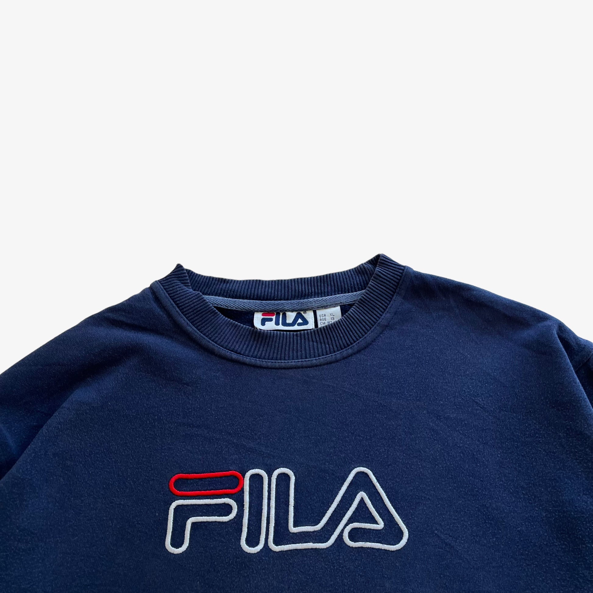 Vintage 90s Womens Fila Embroidered Centre Spell Out Navy Sweatshirt Logo - Casspios Dream