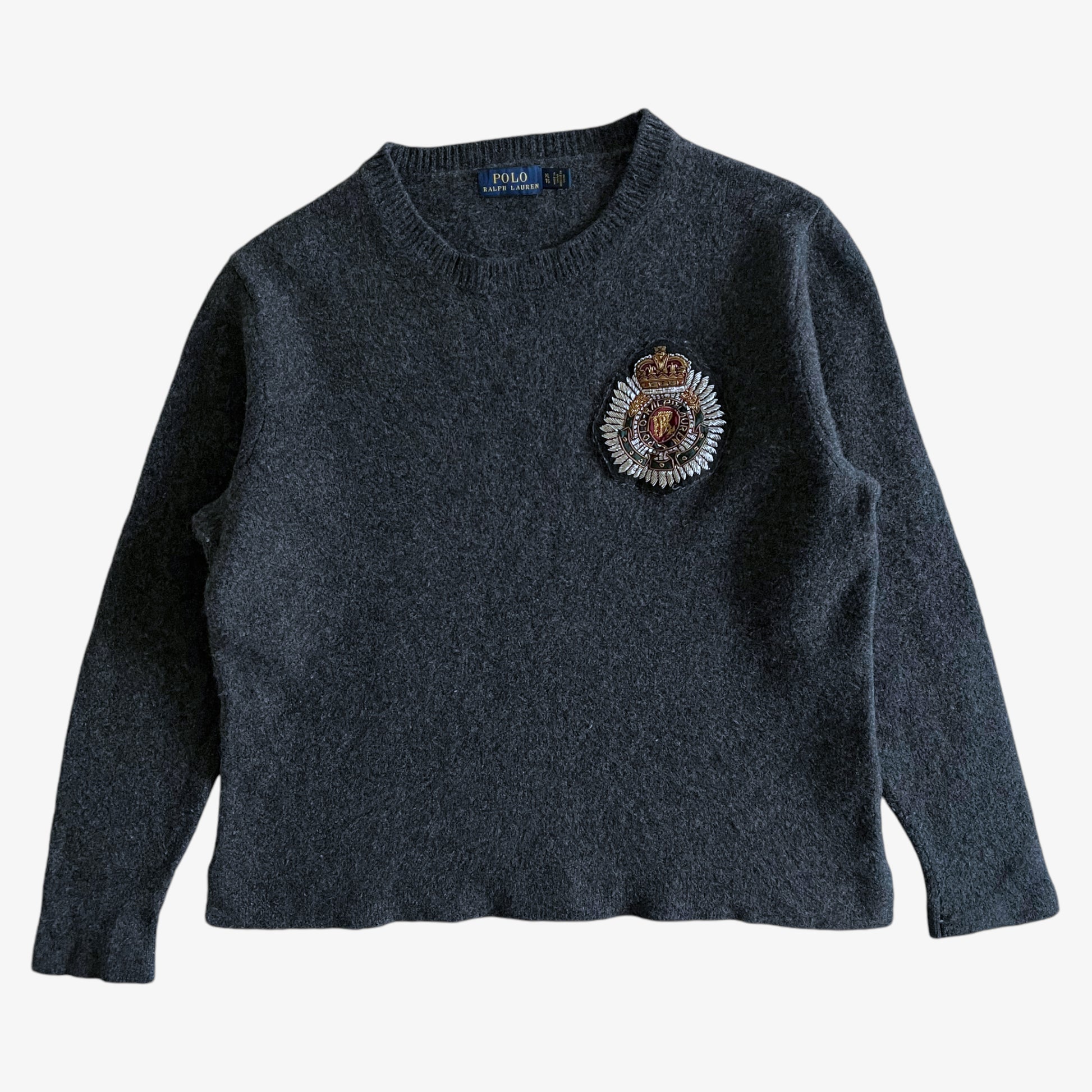 Vintage 90s Womens Polo Ralph Lauren Grey Wool And Cashmere Jumper With Embroidered Crest - Casspios Dream