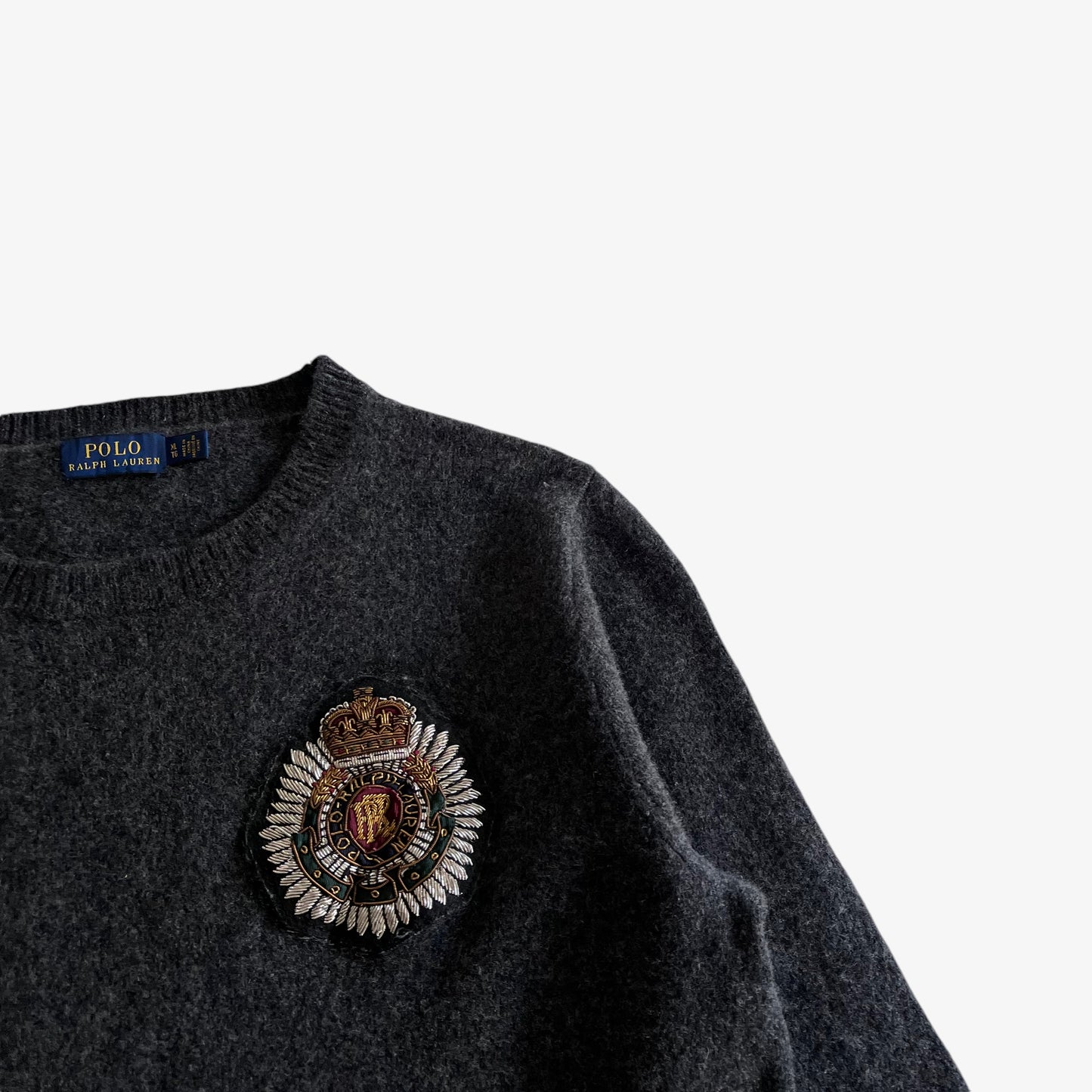 Vintage 90s Womens Polo Ralph Lauren Grey Wool And Cashmere Jumper With Embroidered Crest Logo - Casspios Dream