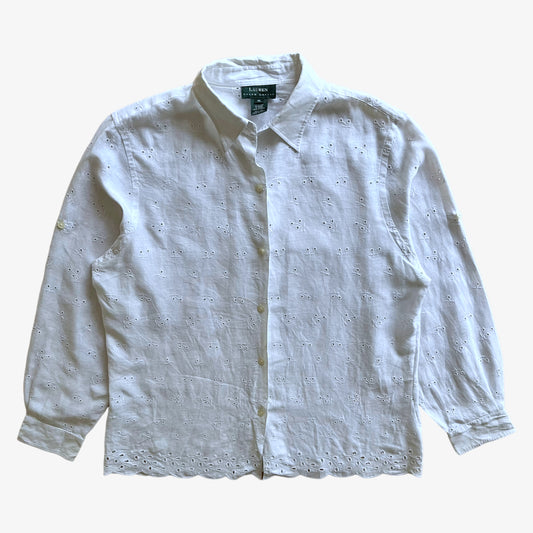 Vintage 90s Womens Ralph Lauren Broderie Anglaise Long Sleeve White Linen Shirt - Casspios Dream