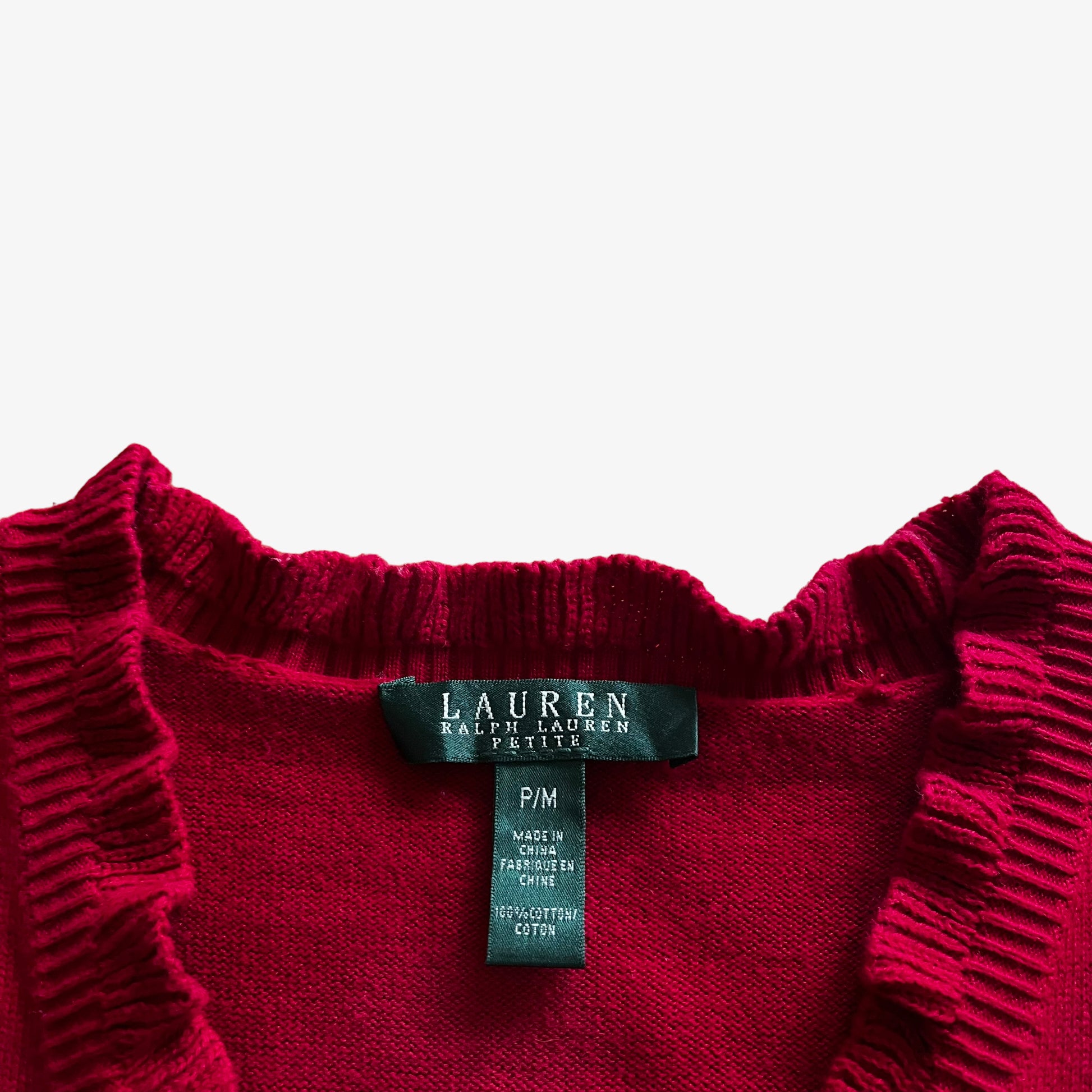 Vintage 90s Womens Ralph Lauren Knitted Red Ruffle V-Neck Jumper Label - Casspios Dream