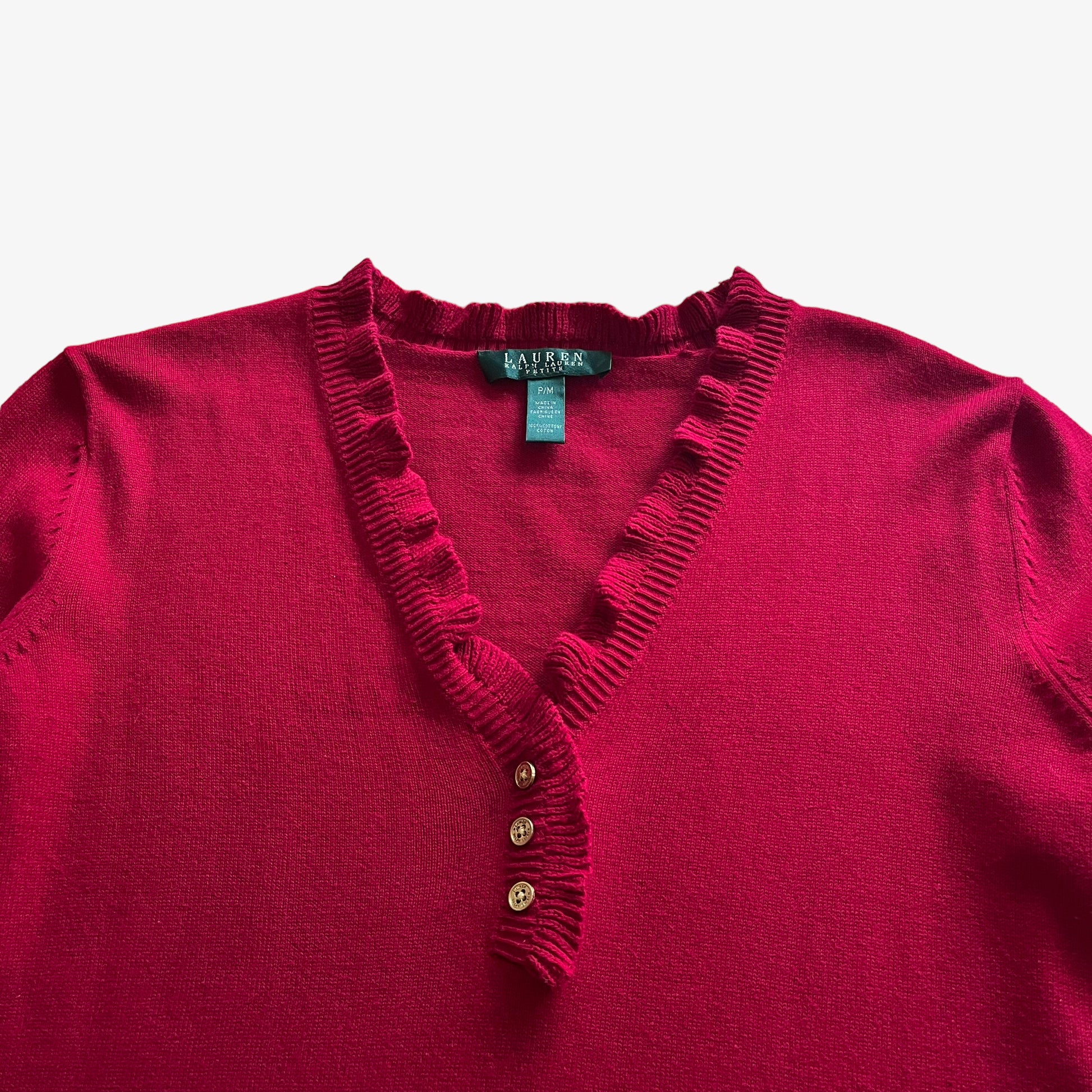 Vintage 90s Womens Ralph Lauren Knitted Red Ruffle V-Neck Jumper Sweater - Casspios Dream