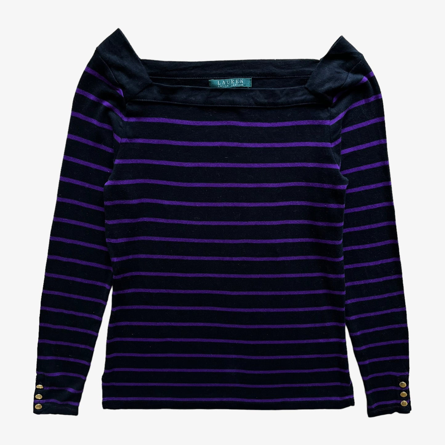 Vintage 90s Womens Ralph Lauren Long Sleeve Purple And Black Striped Top - Casspios Dream