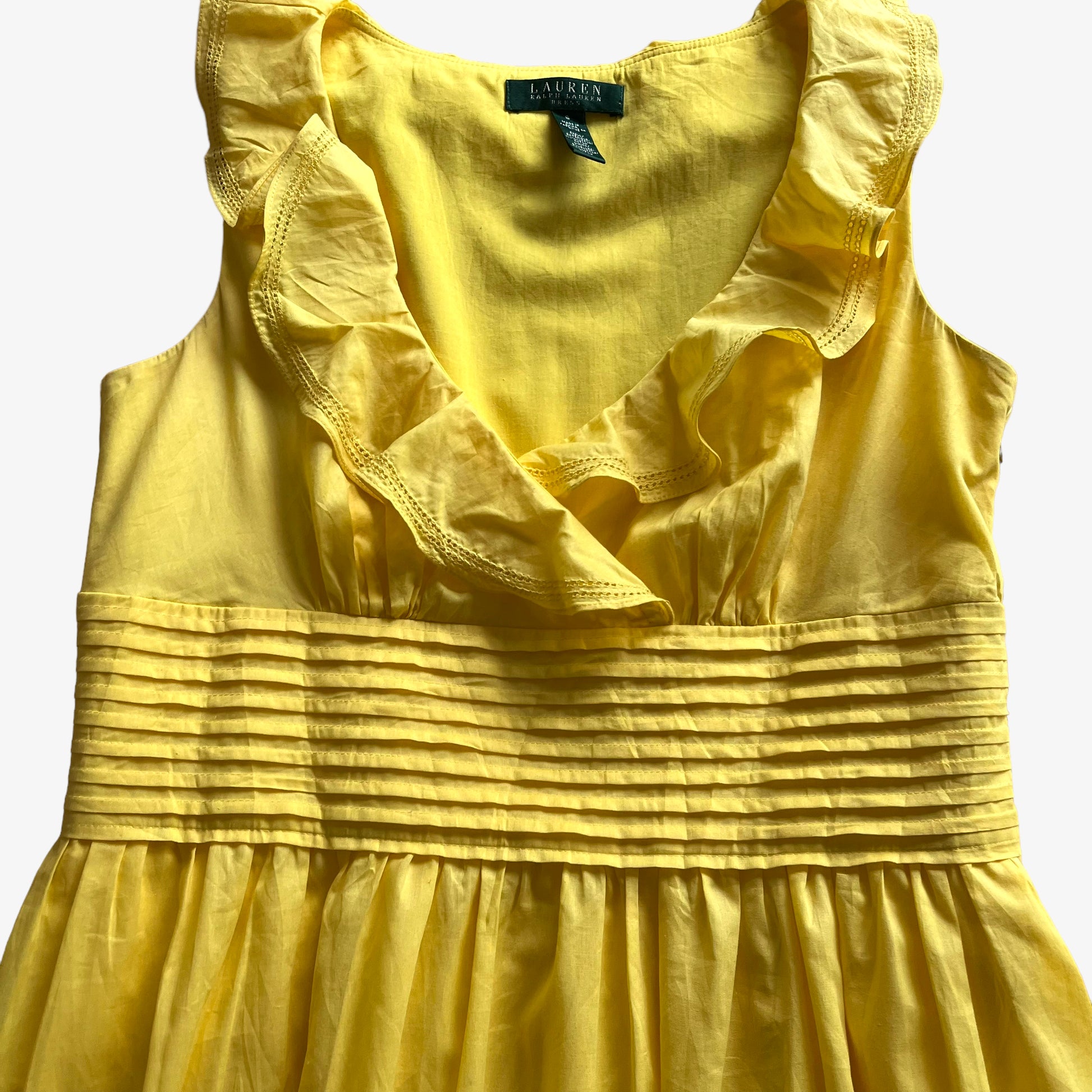 Vintage 90s Womens Ralph Lauren Yellow Ruffle Tea Dress With Internal Slip Frill - Casspios Dream