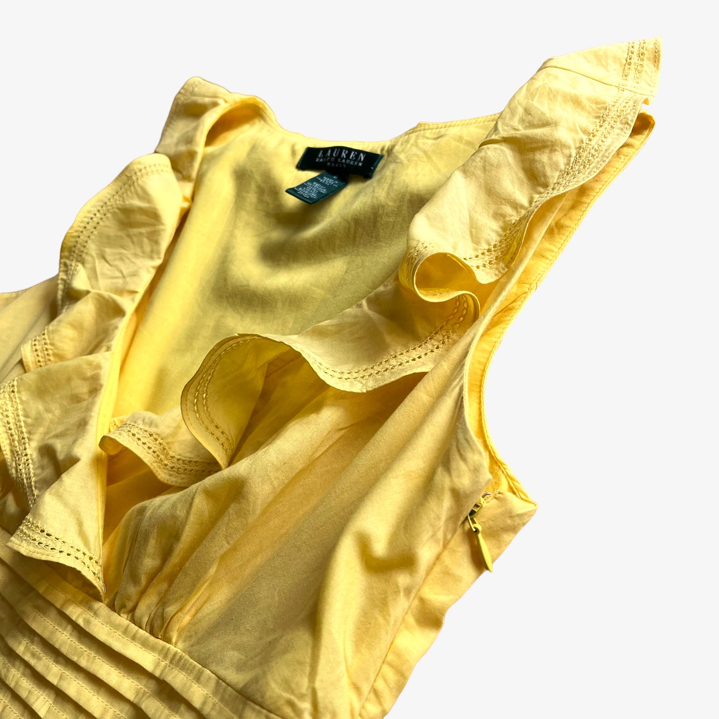 Vintage 90s Womens Ralph Lauren Yellow Ruffle Tea Dress With Internal Slip Zipper - Casspios Dream