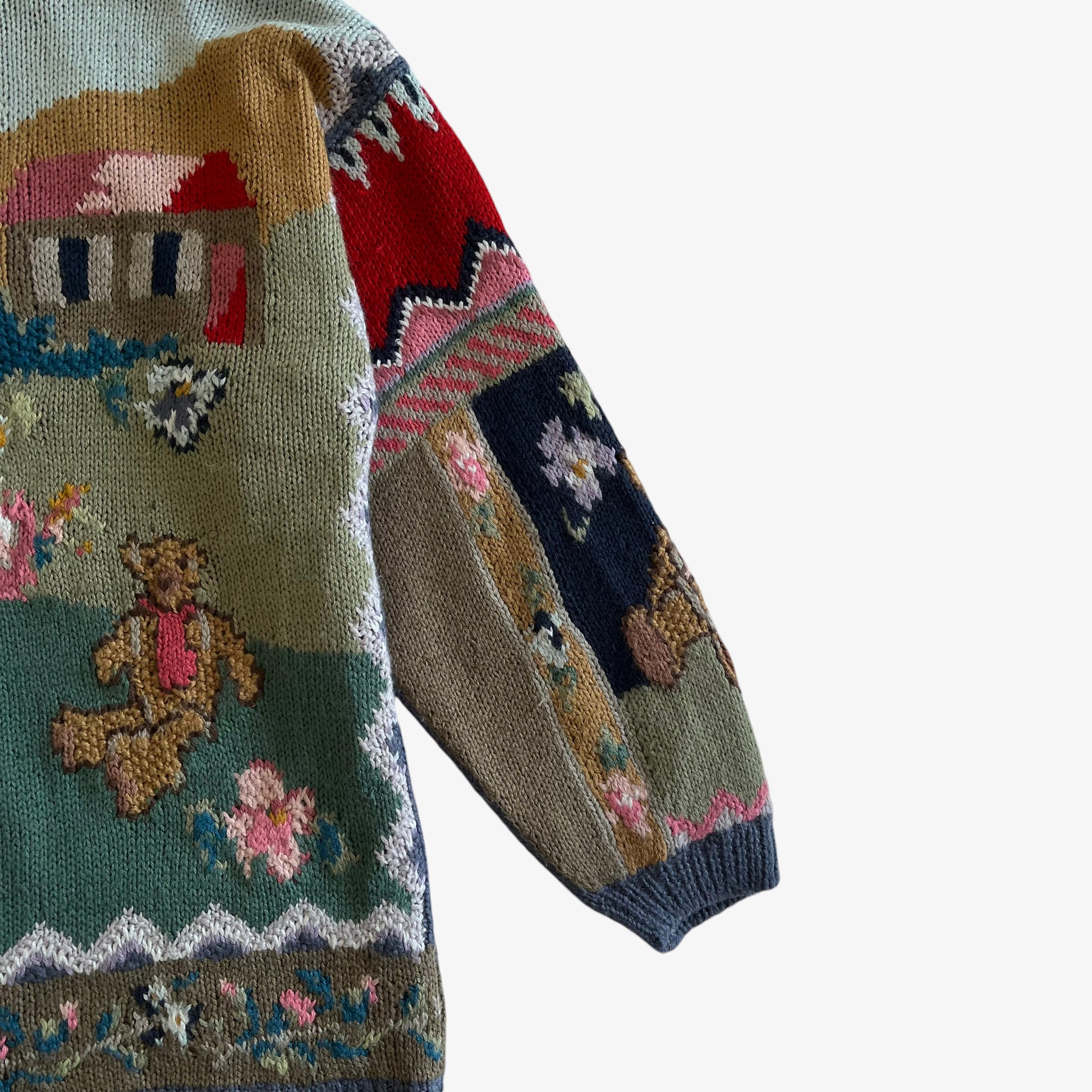 Vintage 90s Womens Together Teddy Bear Cottage Print Knitted Cardigan Arm - Casspios Dream