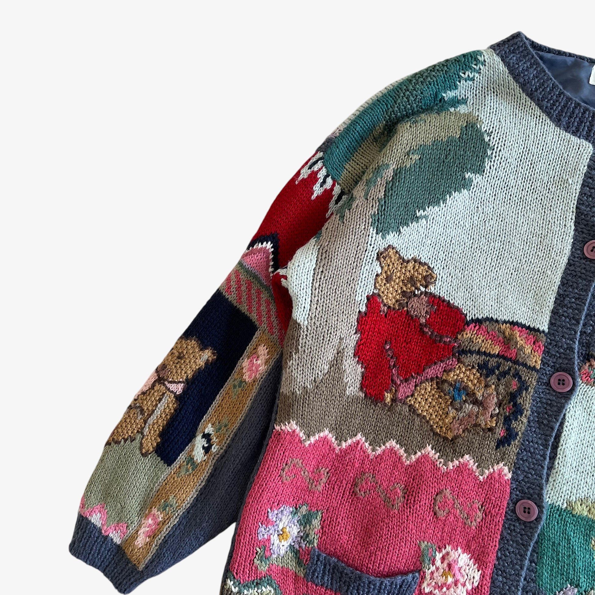 Vintage 90s Womens Together Teddy Bear Cottage Print Knitted Cardigan Shoulder - Casspios Dream