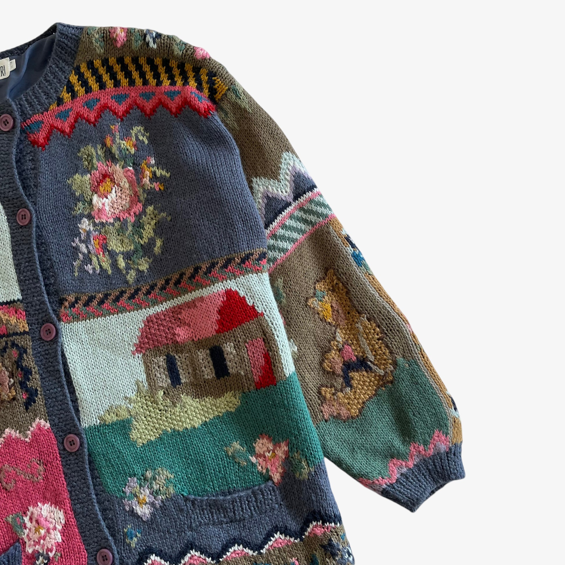 Vintage 90s Womens Together Teddy Bear Cottage Print Knitted Cardigan Sleeve - Casspios Dream