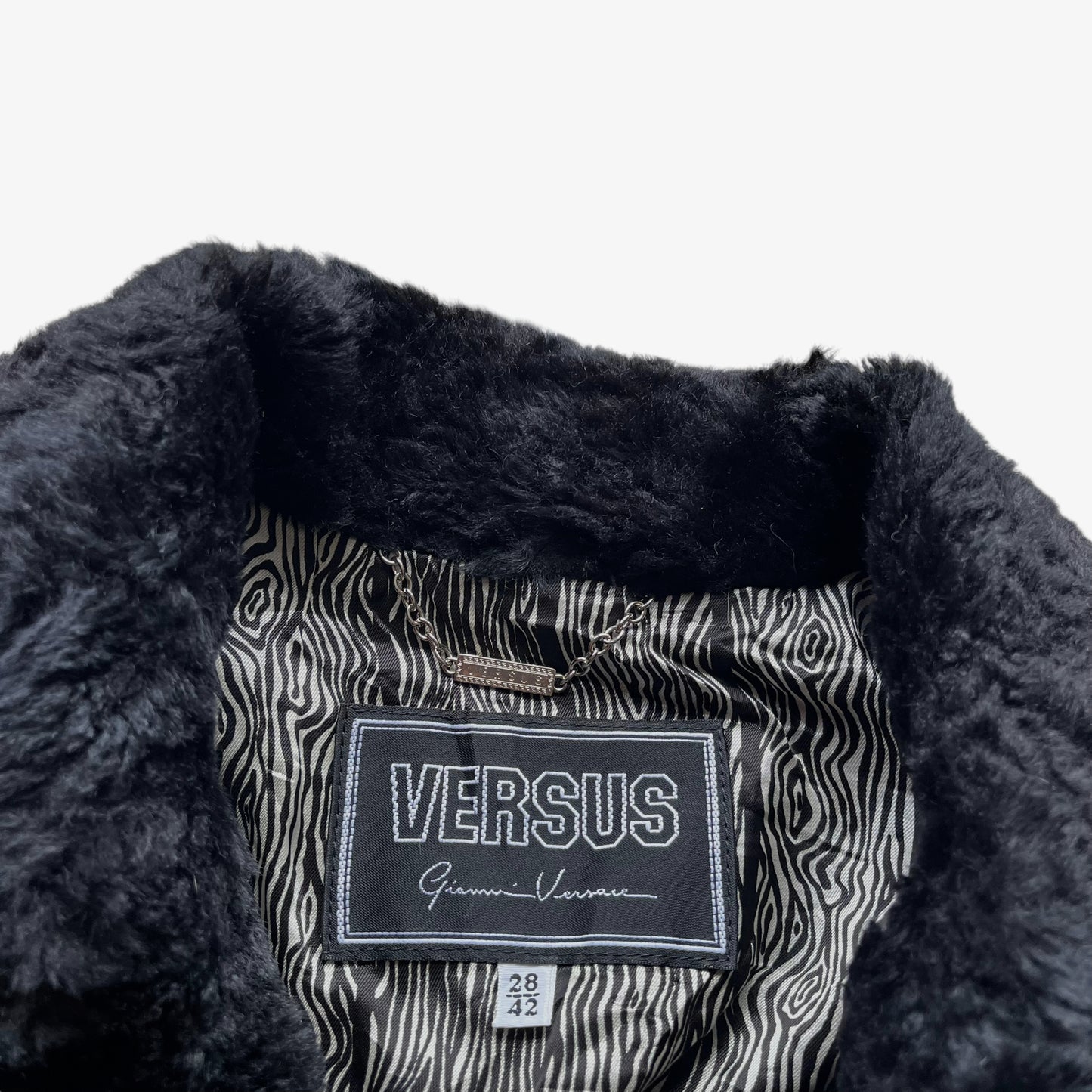 Vintage 90s Womens Versace Versus Double Breasted Black Wool Coat With Faux Fur Collar Label - Casspios Dream