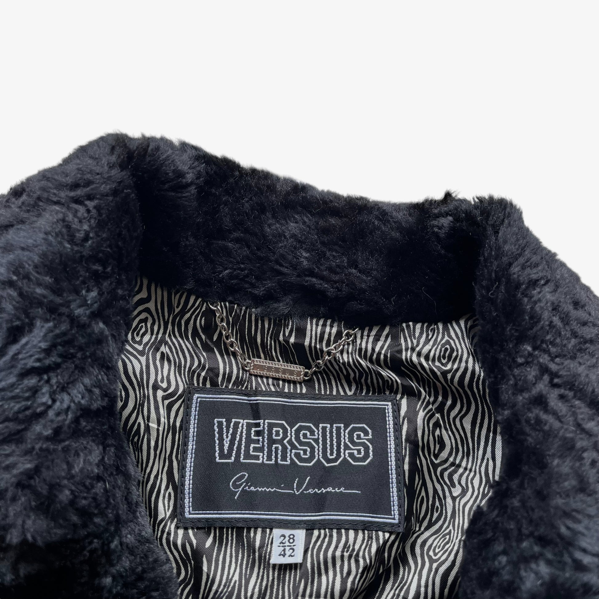 Vintage 90s Womens Versace Versus Double Breasted Black Wool Coat With Faux Fur Collar Label - Casspios Dream