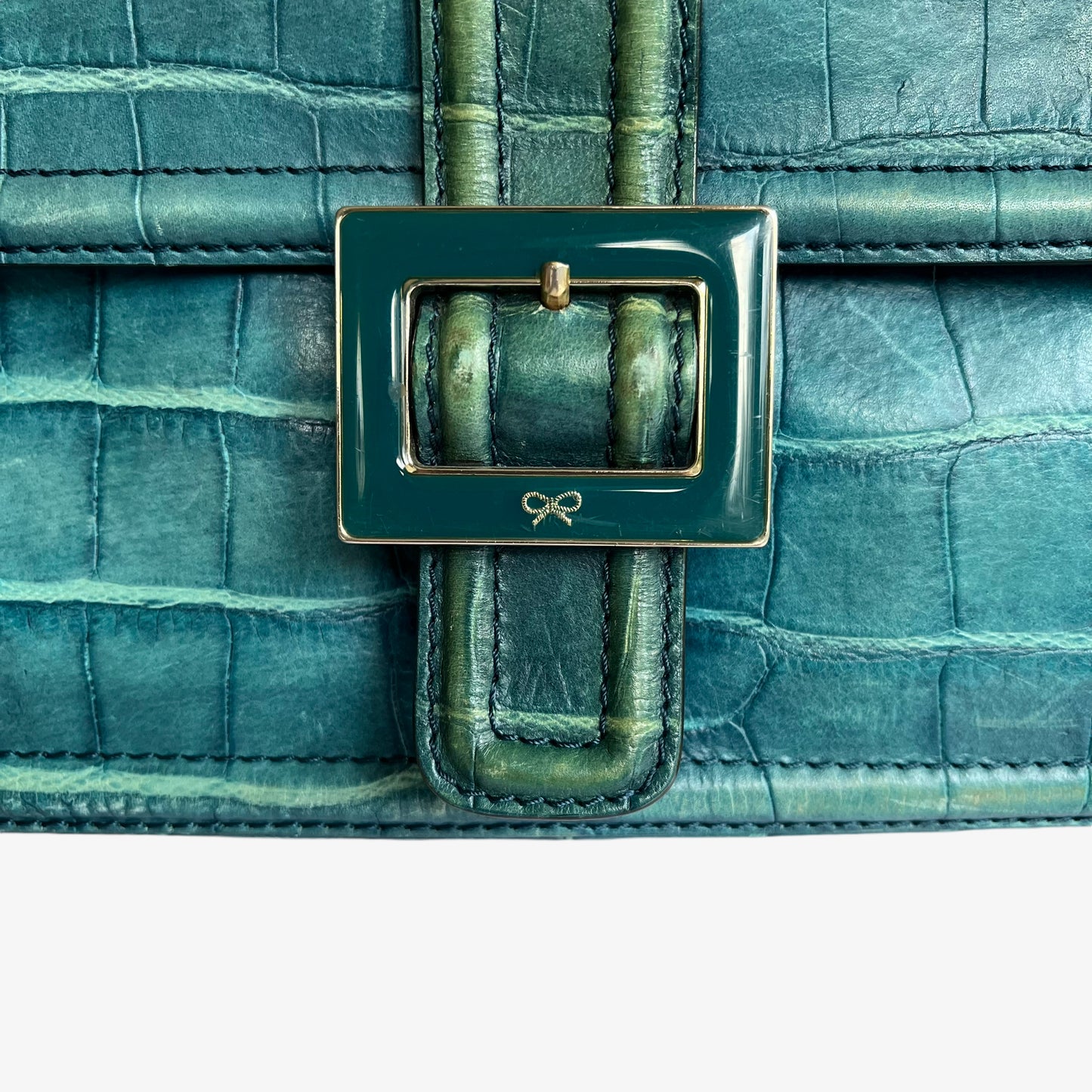 Vintage Y2K Anya Hindmarch Blue Croc Embossed Leather Shoulder Bag Buckle - Casspios Dream