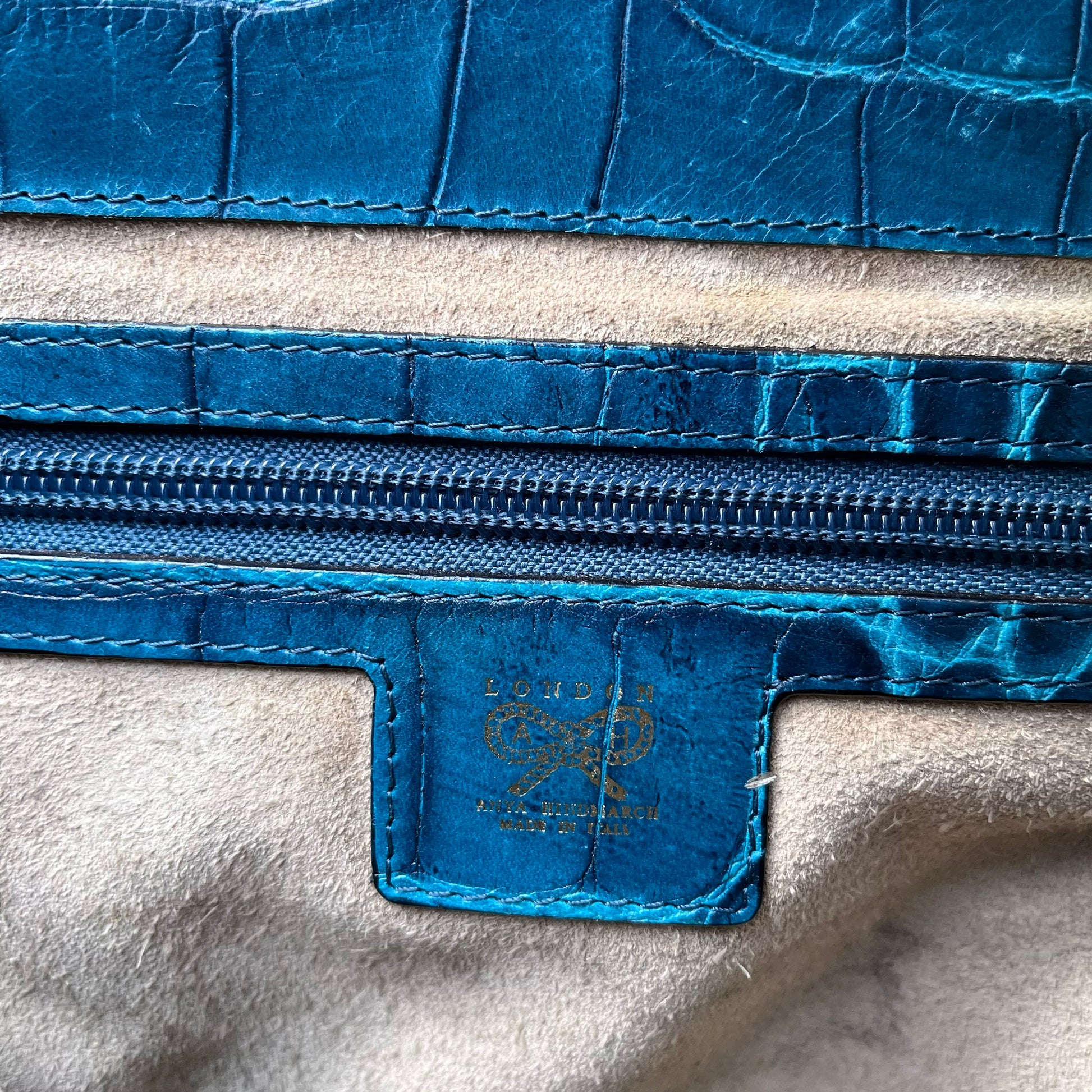 Vintage Y2K Anya Hindmarch Blue Croc Embossed Leather Shoulder Bag Label - Casspios Dream