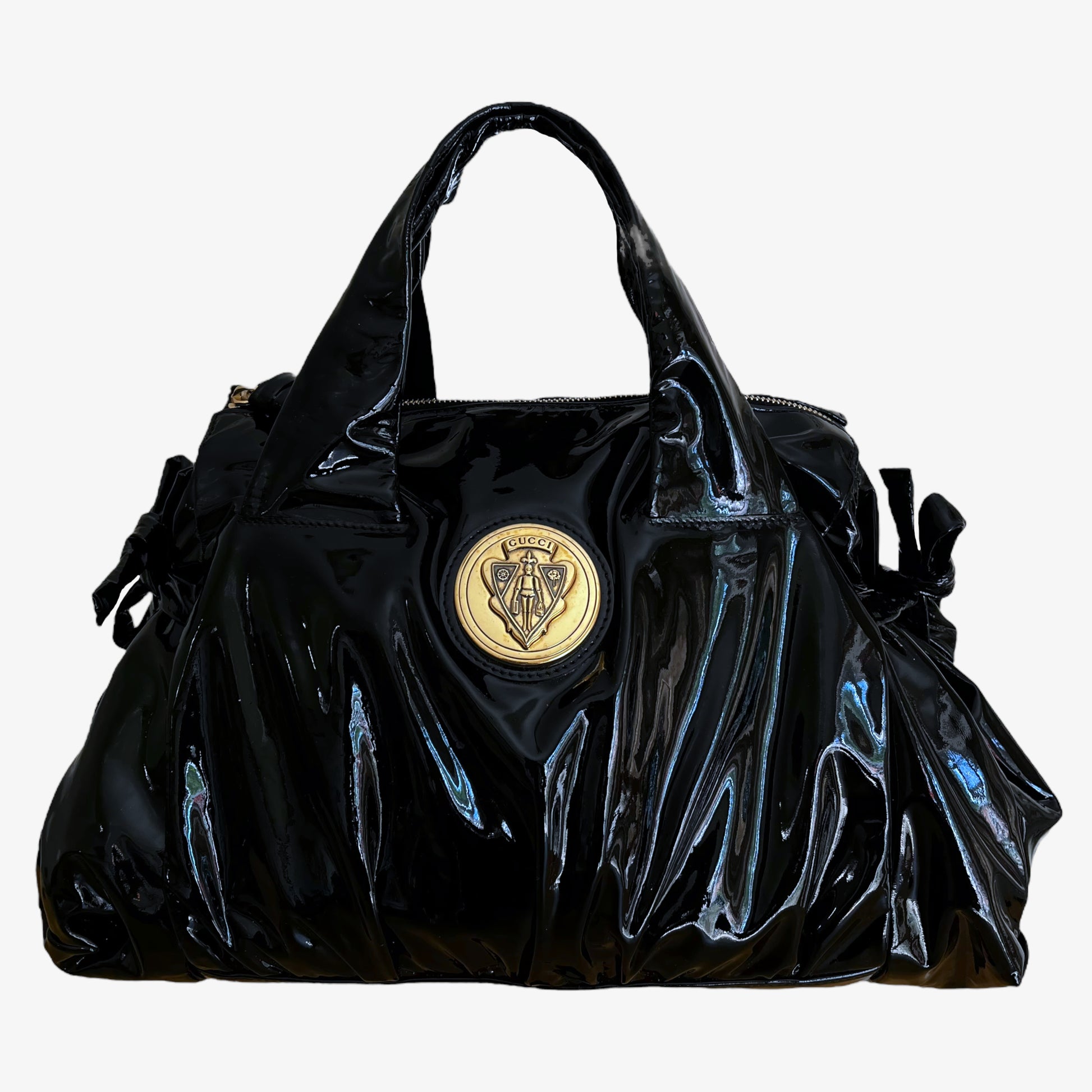 Vintage Y2K Gucci 197020 486628 Patent Black Leather Crystal Hysteria Handbag With Centre Knight Crest - Casspios Dream