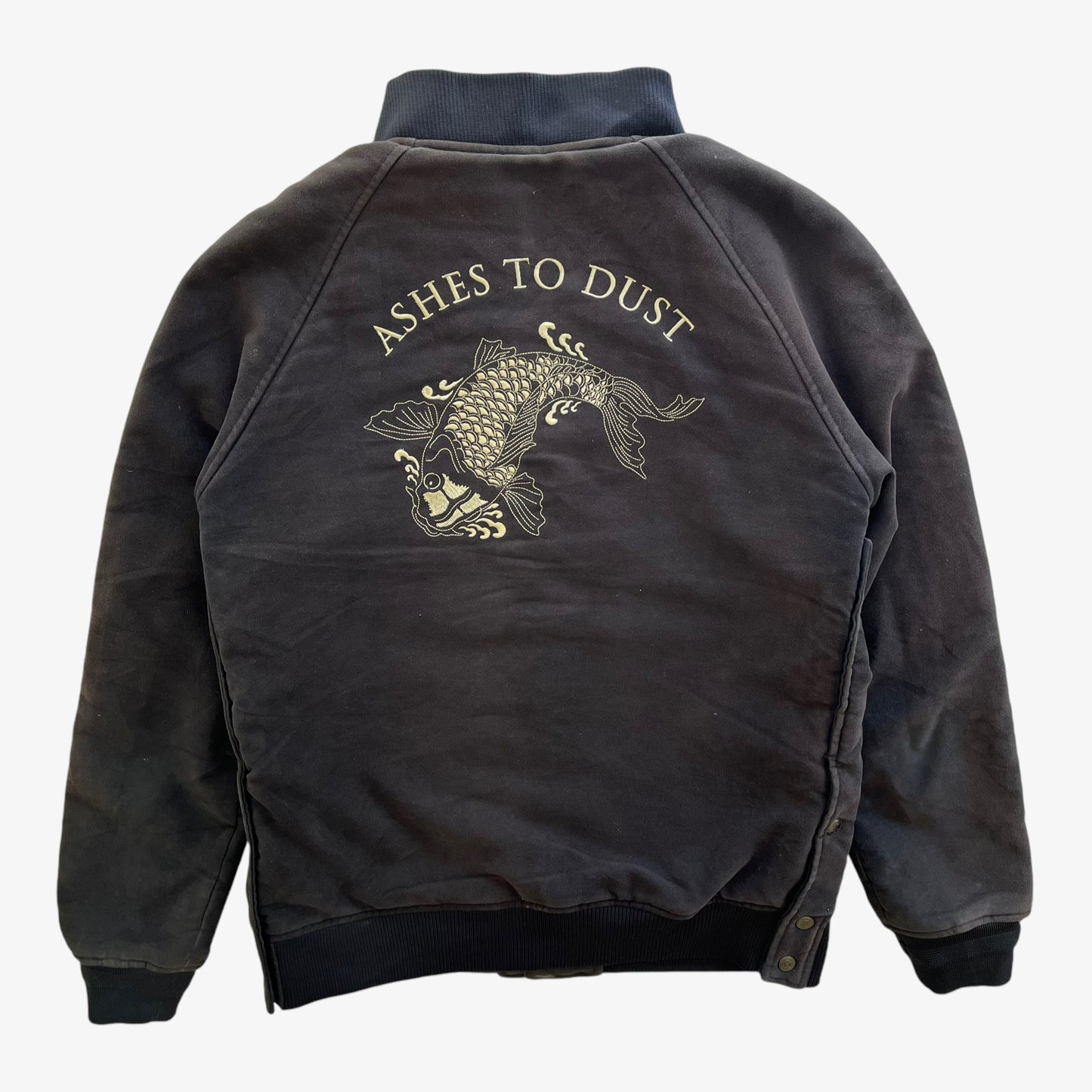 Vintage Y2K Mens Ashes To Dust Isle Of Dogs Faded Jacket With Back Embroidered Koi Fish Back - Casspios Dream