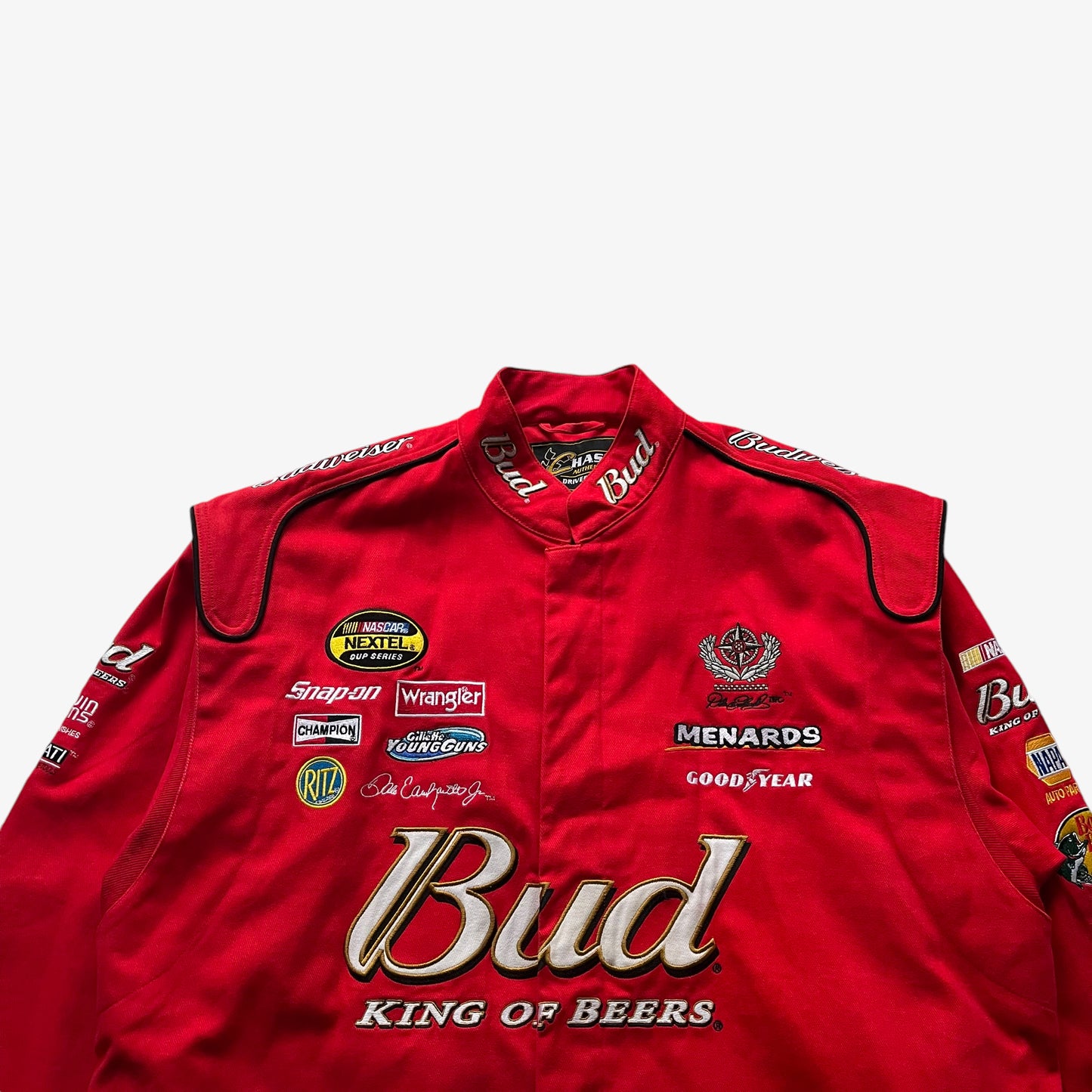 Vintage Y2K Mens Chase Authentics Drivers Line Dale Earnhardt Jr Budweiser NASCAR Jacket Spell Out - Casspios Dream