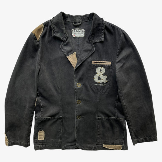 Vintage Y2K Mens Dolce And Gabbana Faded Black Distressed Blazer With Back Spell Out - Casspios Dream