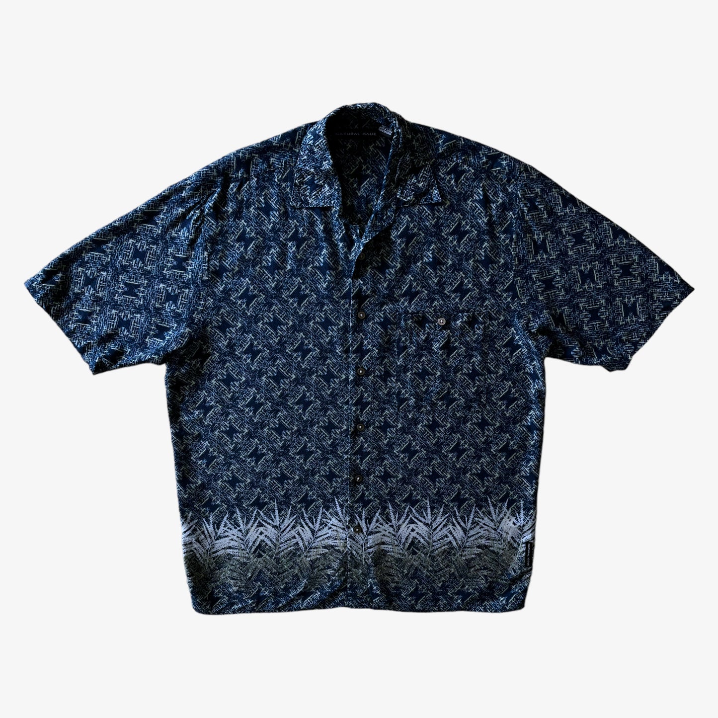 Vintage Y2K Mens Natural Issue Abstract Leaf Print Short Sleeve Blue Hawaiian Shirt - Casspios Dream