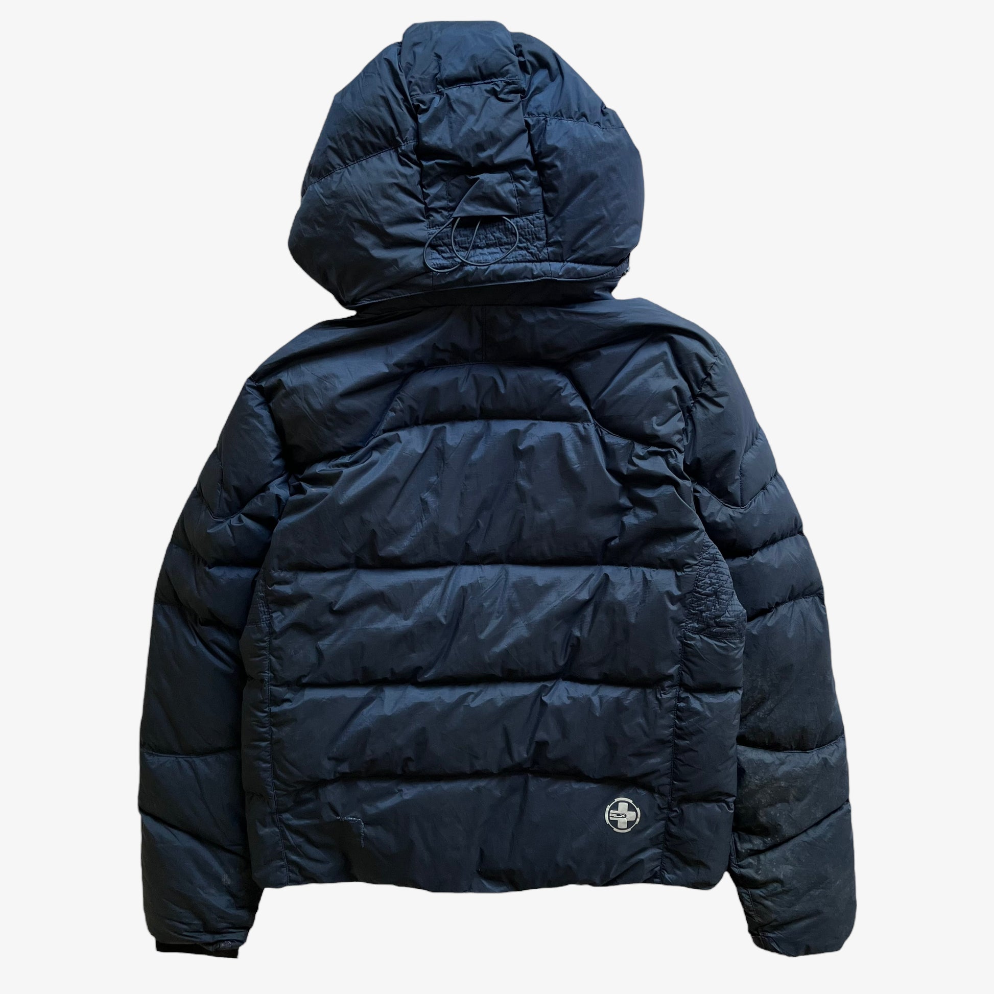 Vintage Y2K Mens Ralph Lauren RLX Faded Navy Goose Down Puffer Jacket With Removable Hood Back - Casspios Dream