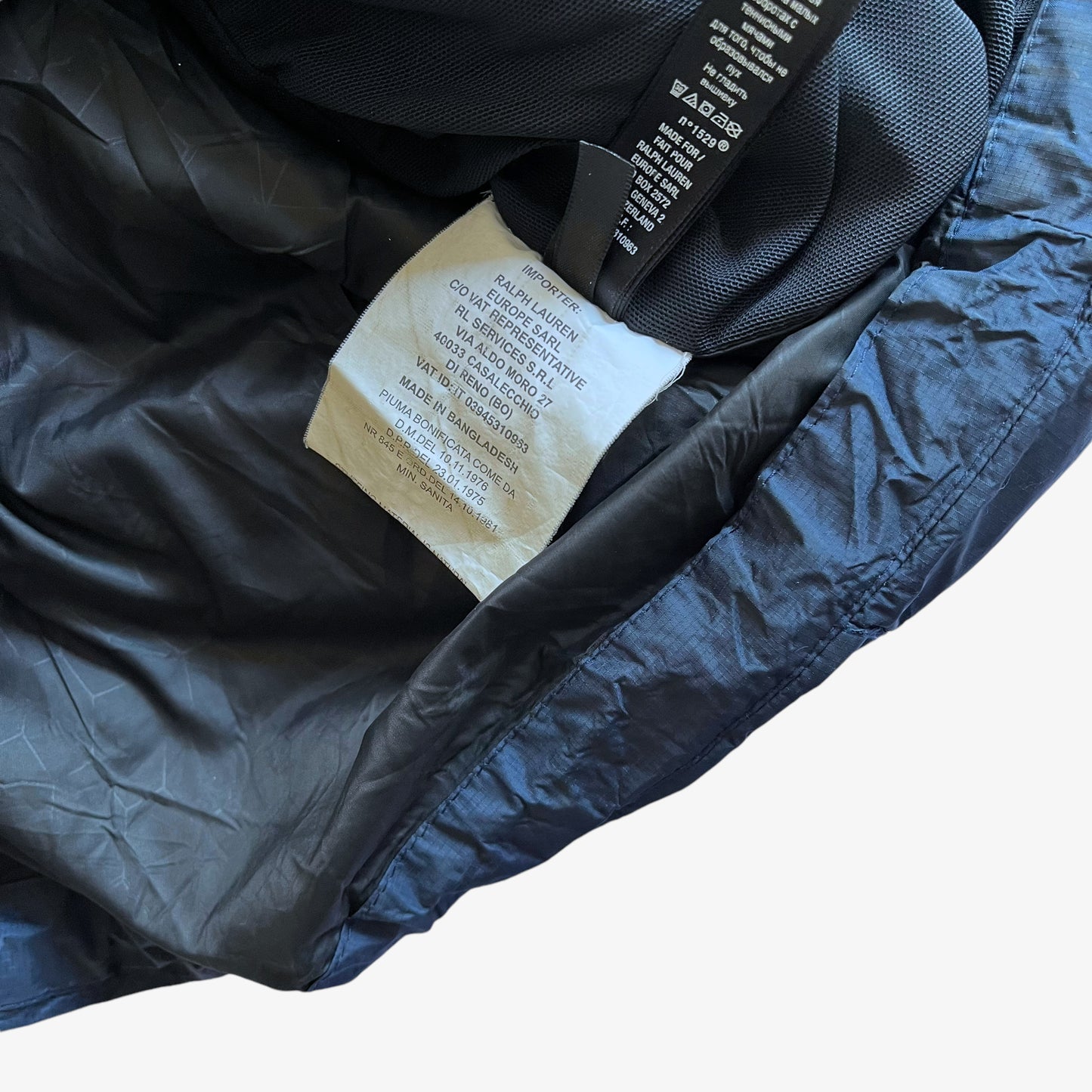 Vintage Y2K Mens Ralph Lauren RLX Faded Navy Goose Down Puffer Jacket With Removable Hood Inside Label - Casspios Dream