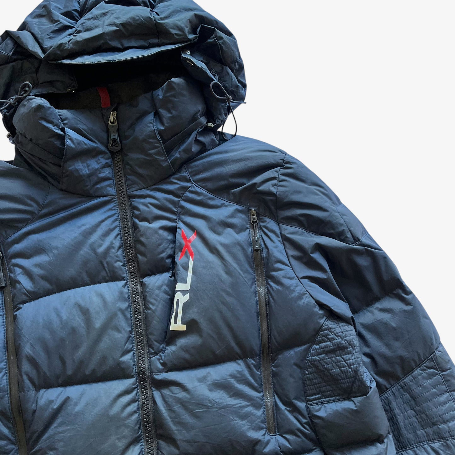 Vintage Y2K Mens Ralph Lauren RLX Faded Navy Goose Down Puffer Jacket With Removable Hood Logo - Casspios Dream