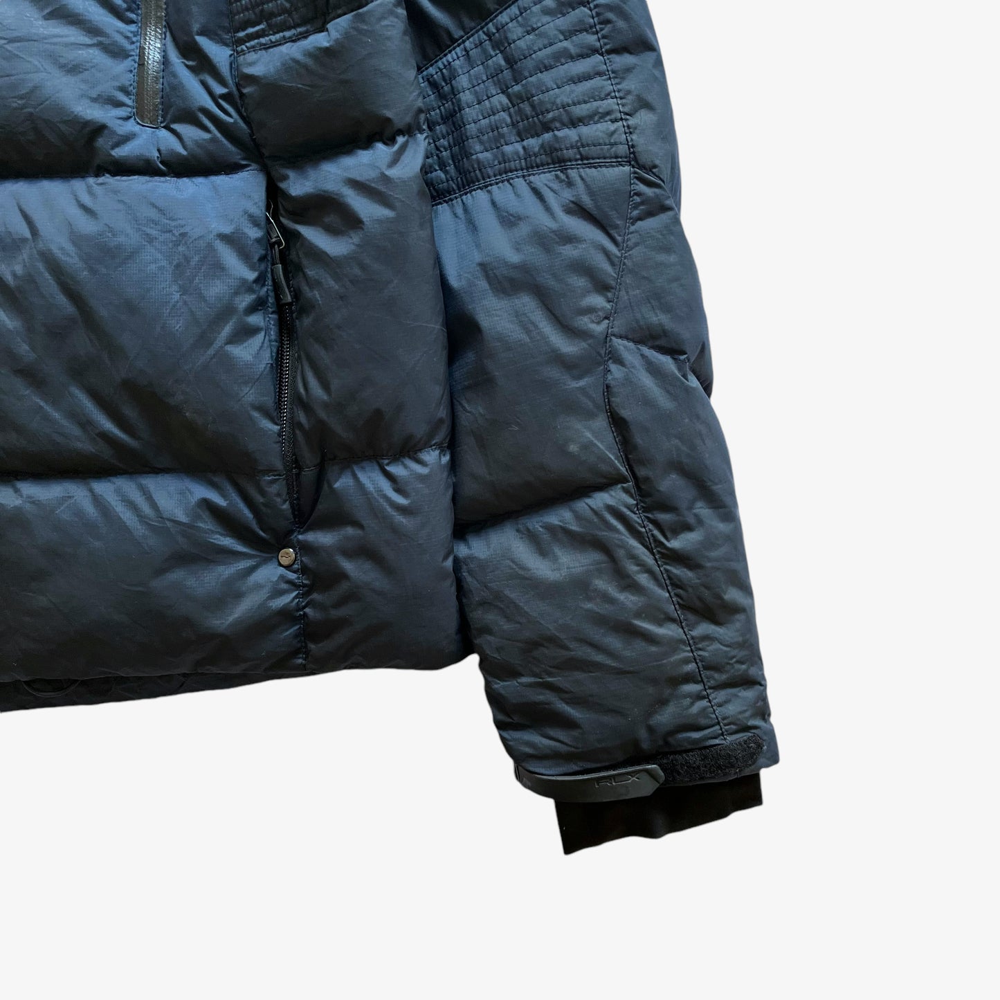 Vintage Y2K Mens Ralph Lauren RLX Faded Navy Goose Down Puffer Jacket With Removable Hood Sleeve - Casspios Dream