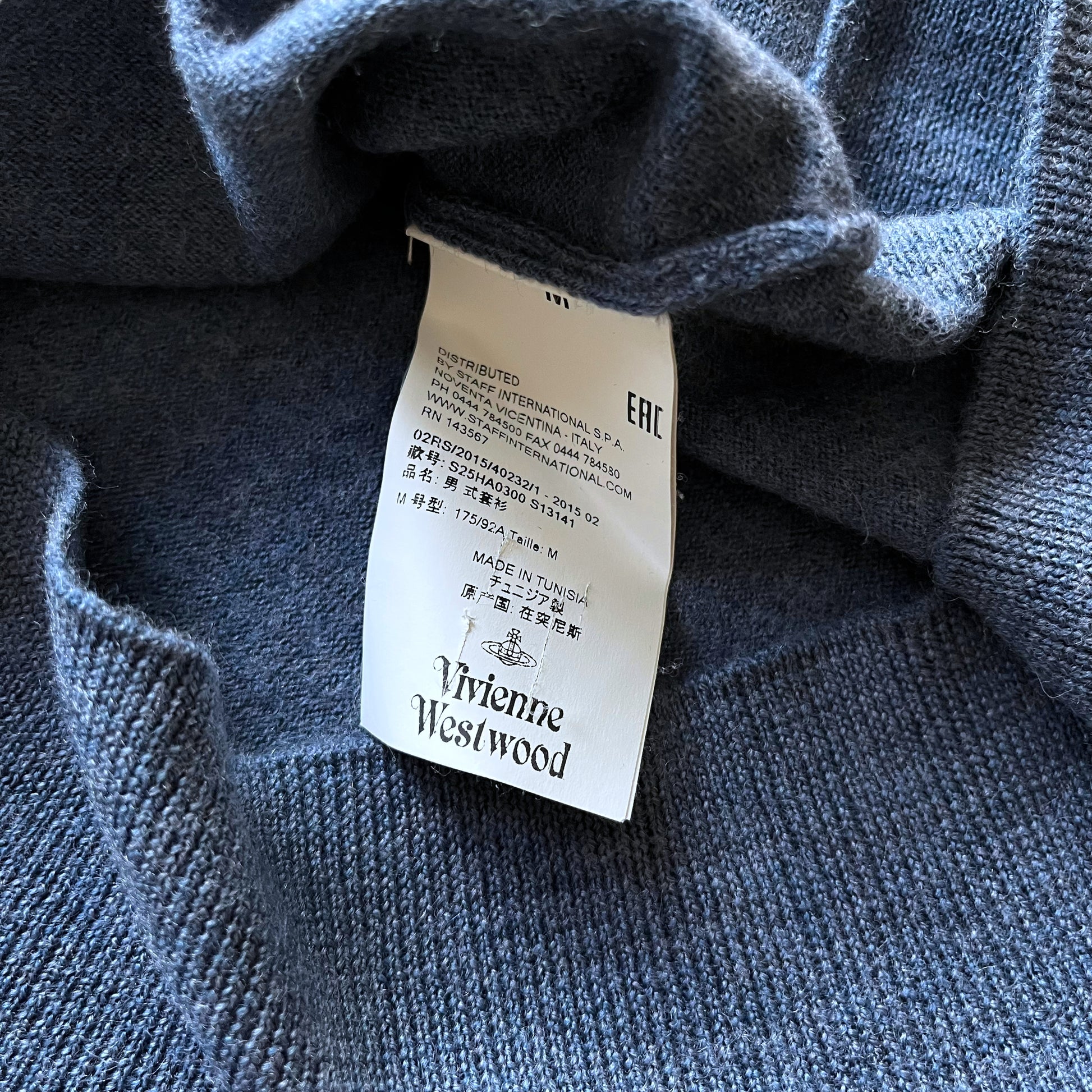 Vintage Y2K Mens Vivienne Westwood Blue Wool Jumper Inside Label - Casspios Dream