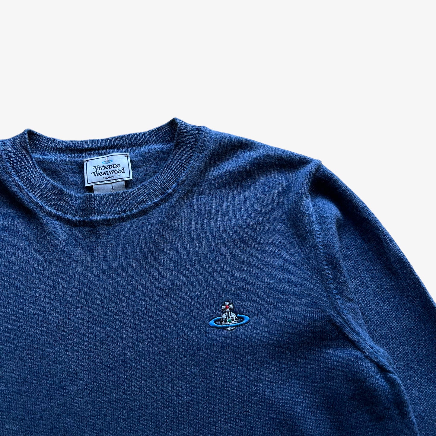 Vintage Y2K Mens Vivienne Westwood Blue Wool Jumper Logo - Casspios Dream