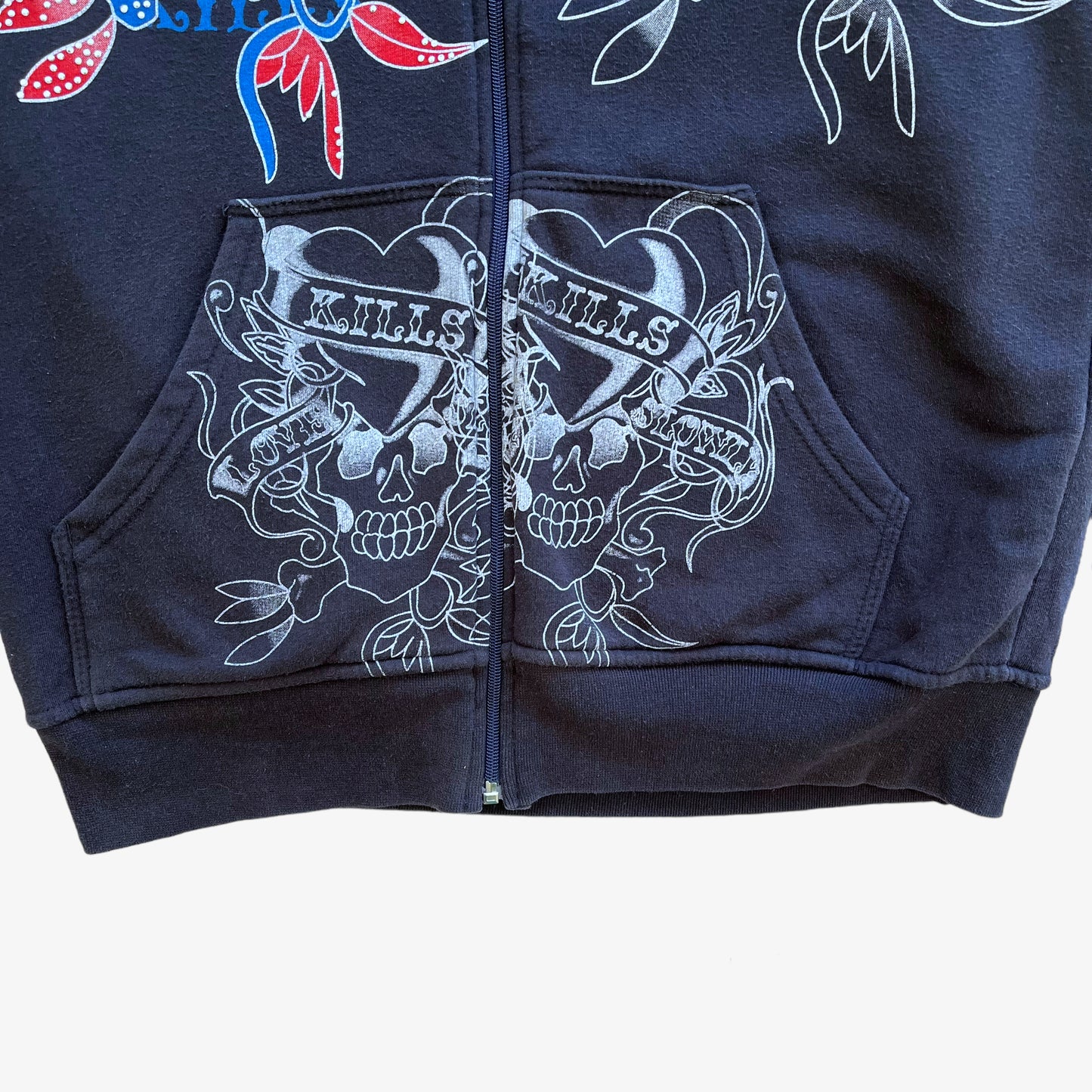 Vintage Y2K Womens Ed Hardy Love Kills Rhinestone Skull And Heart Navy Jacket Hem - Casspios Dream