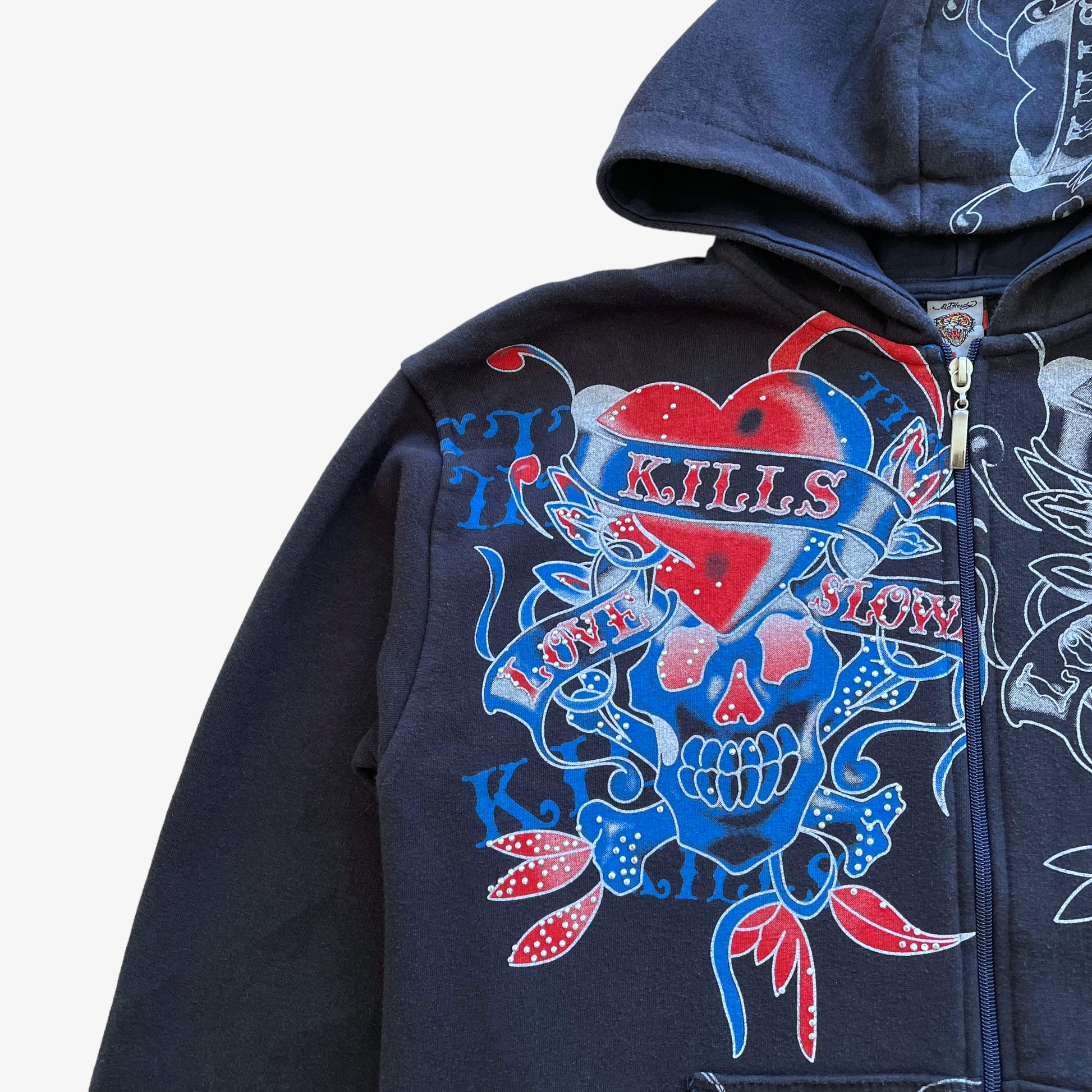 Vintage Y2K Womens Ed Hardy Love Kills Rhinestone Skull And Heart Navy Jacket Print - Casspios Dream