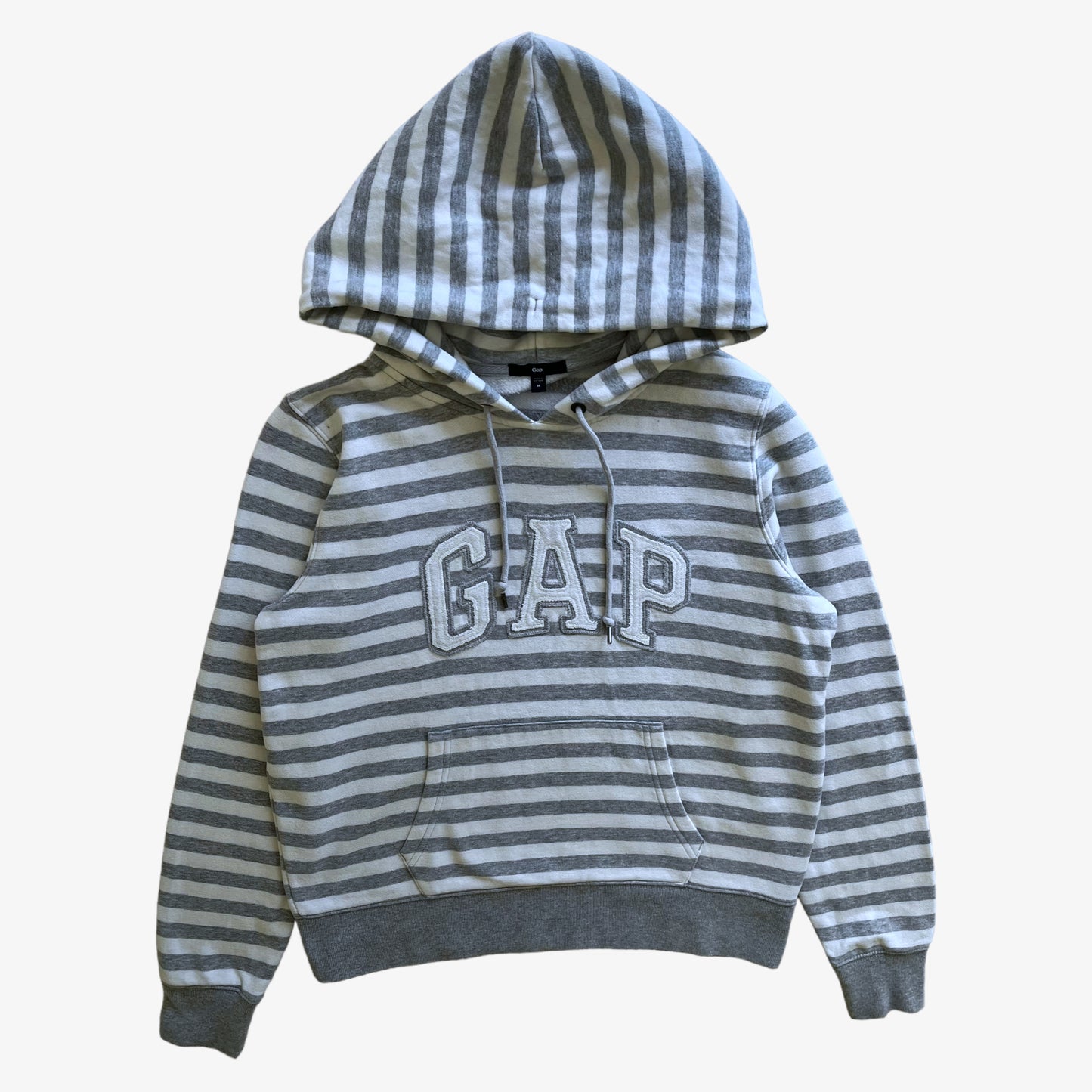 Vintage Y2K Womens GAP White And Grey Striped Spell Out Hoodie - Casspios Dream