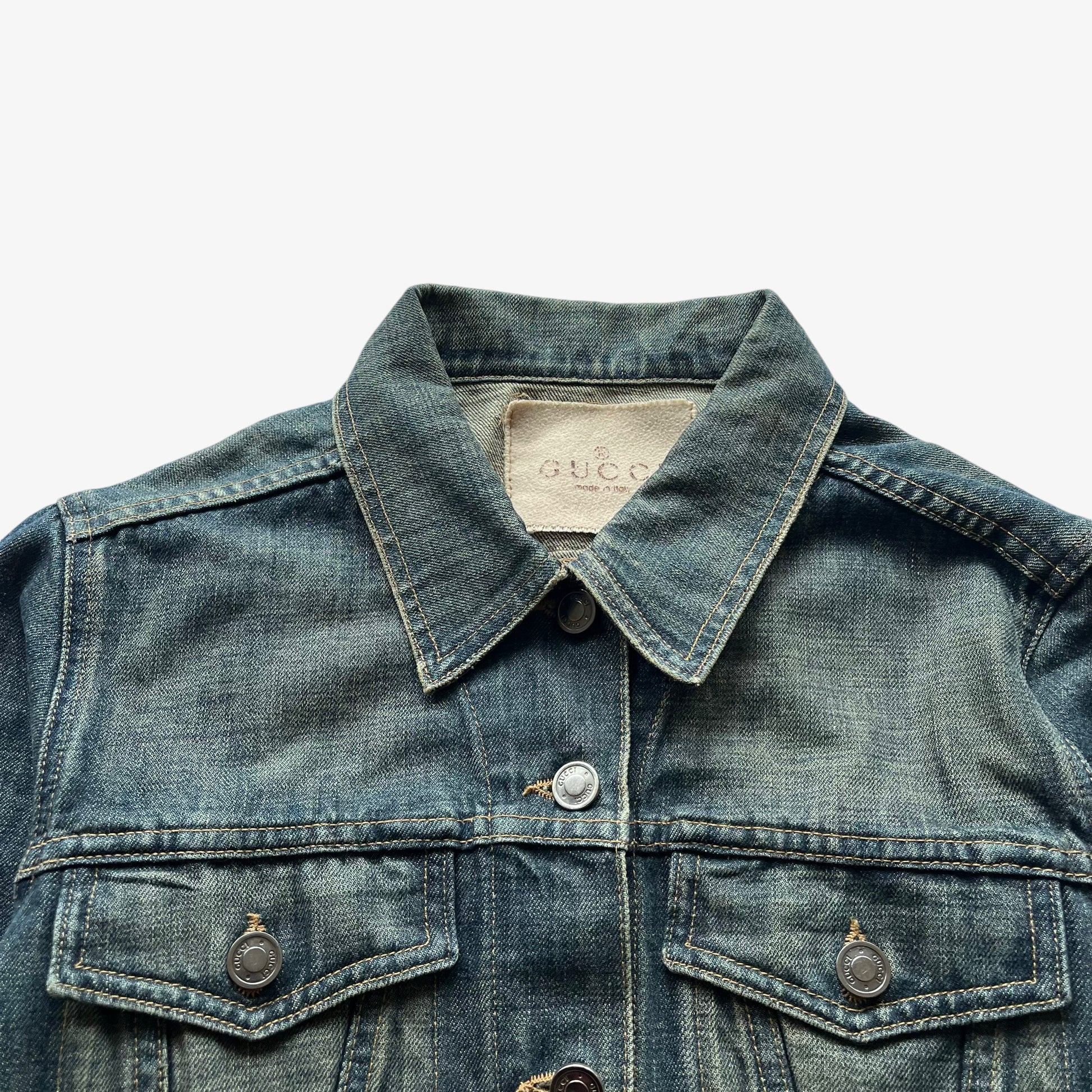 Vintage Y2K Womens Gucci Blue Denim Jacket Collar - Casspios Dream