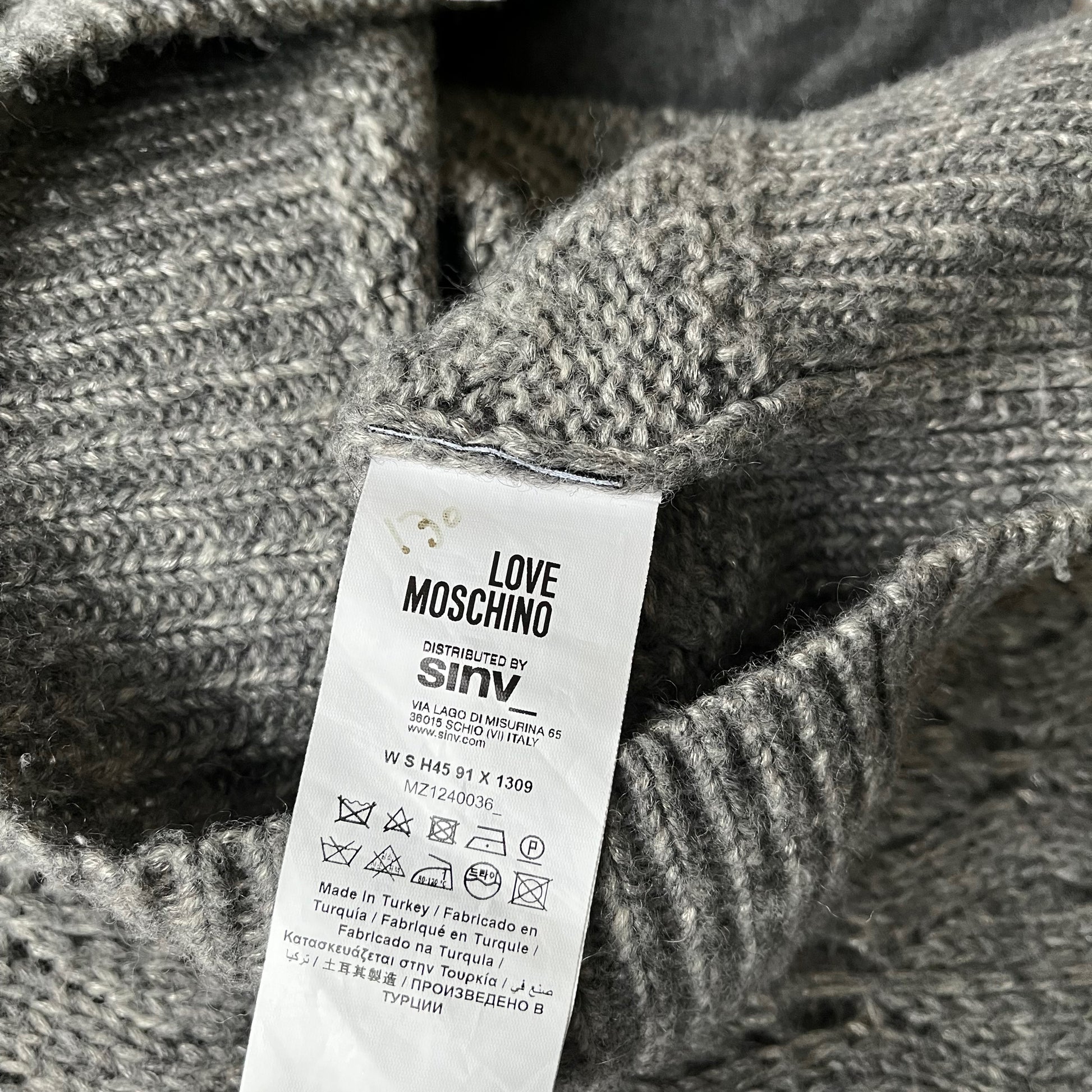 Vintage Y2K Womens Love Moschino Grey Wool Blend Knitted Hooded Jacket Inside Label - Casspios Dream