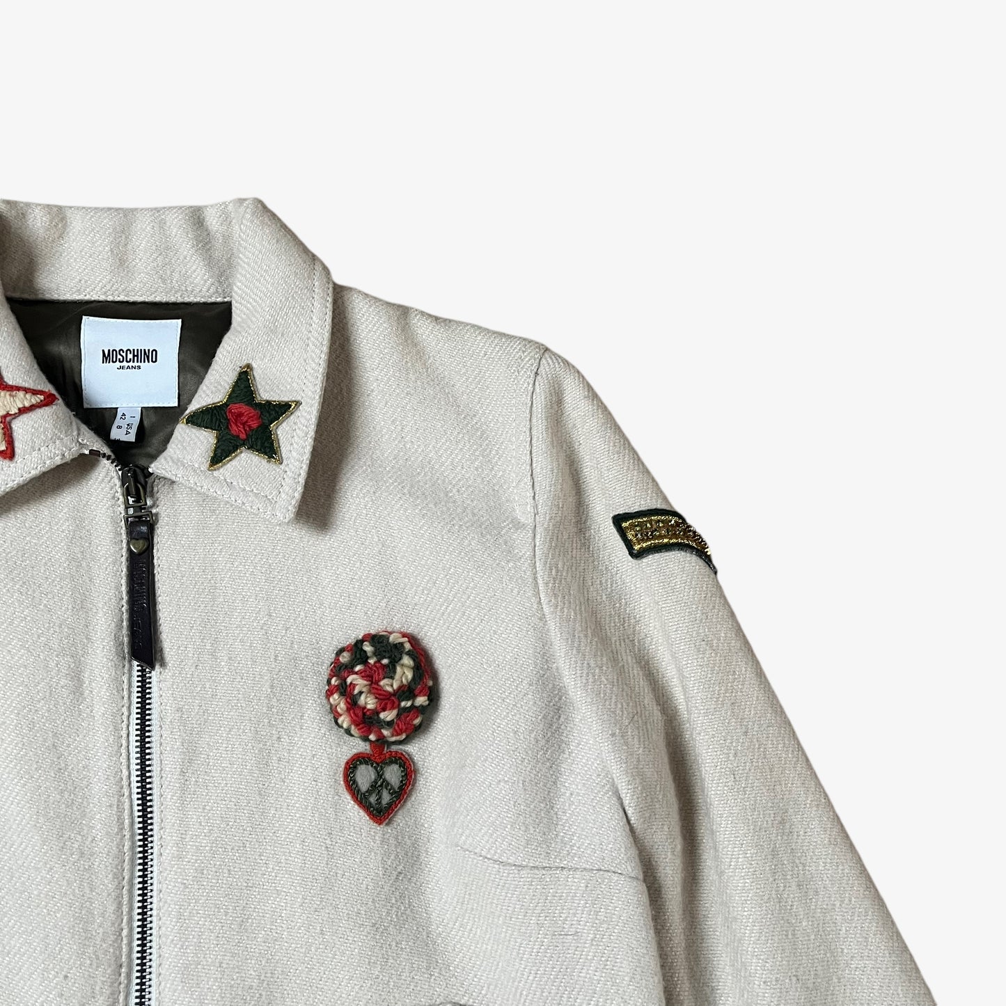 Vintage Y2K Womens Moschino Jeans Cream Wool And Linen Military Jacket Badge - Casspios Dream