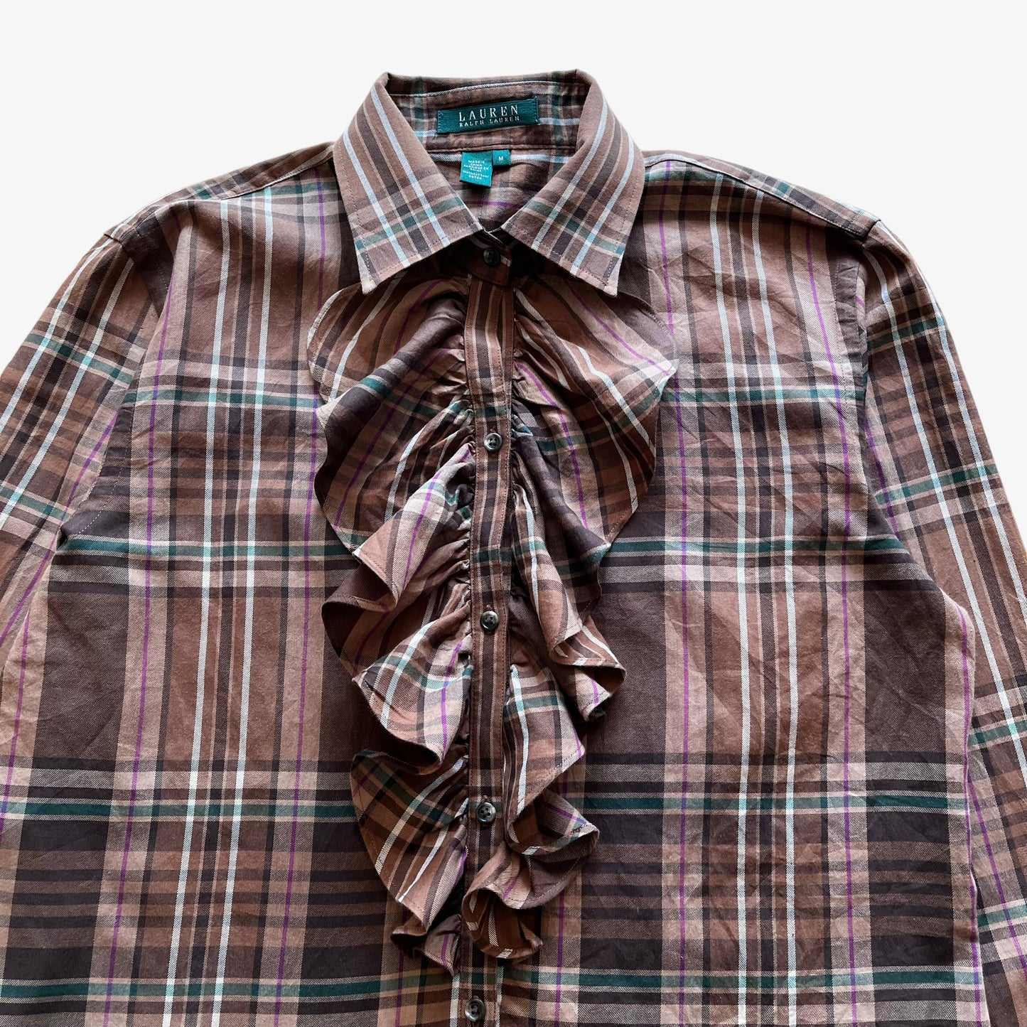 Vintage Y2K Womens Ralph Lauren Brown Tartan Check Long Sleeve Ruffle Shirt Frill - Casspios Dream
