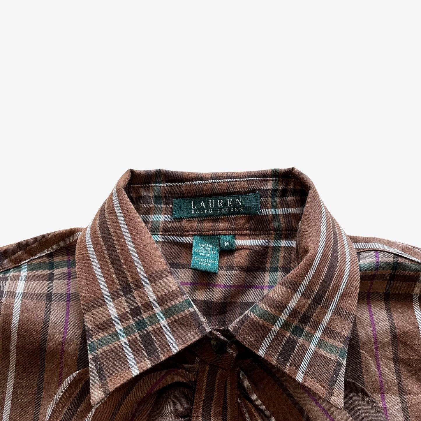 Vintage Y2K Womens Ralph Lauren Brown Tartan Check Long Sleeve Ruffle Shirt Label - Casspios Dream