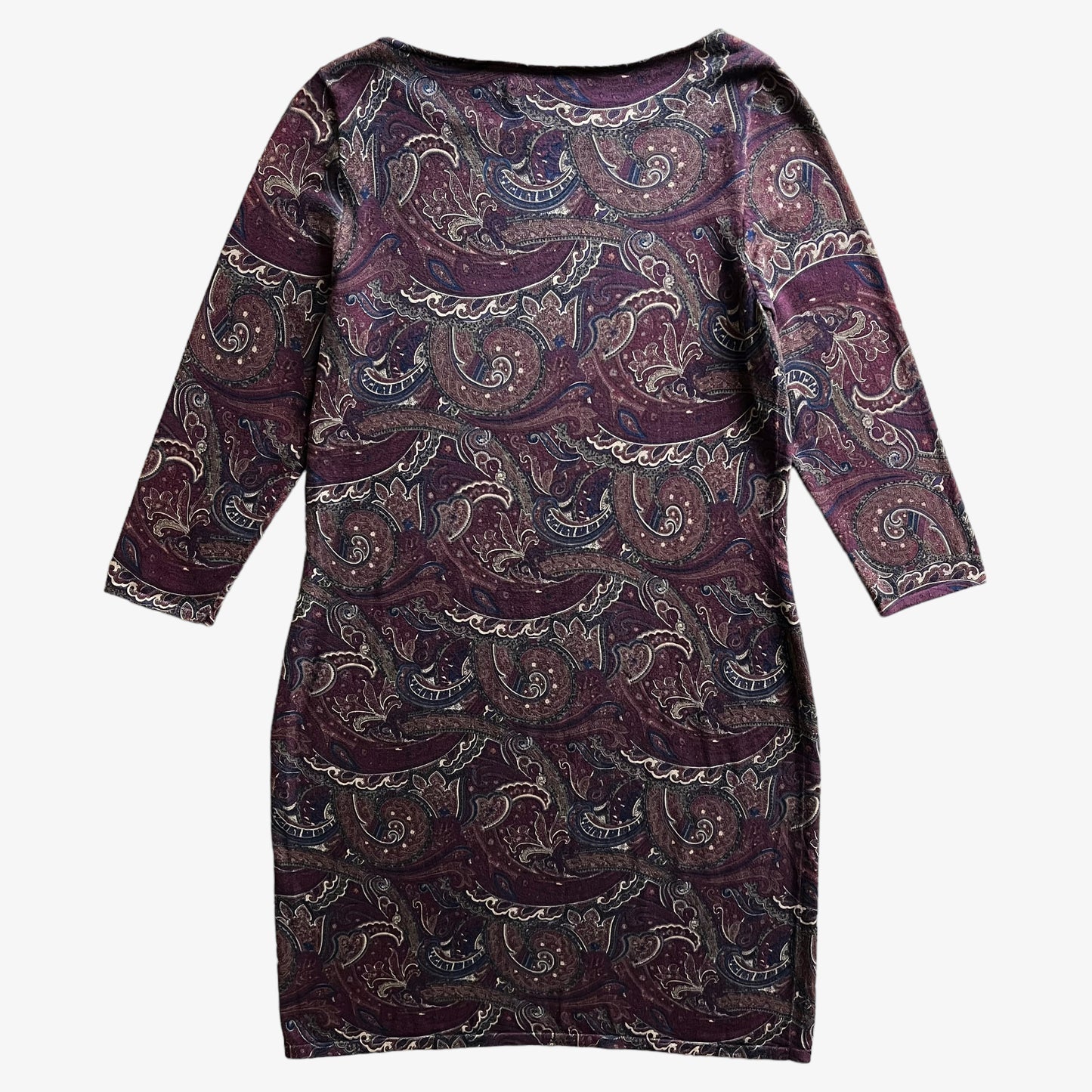 Vintage Y2K Womens Ralph Lauren Burgundy Paisley Print Knitted Jersey Dress Back - Casspios Dream