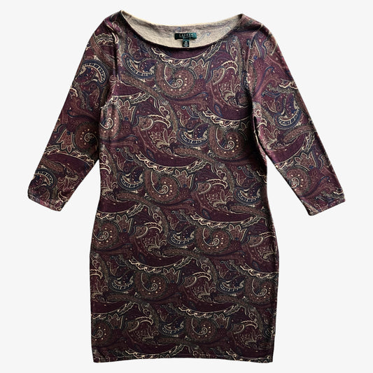 Vintage Y2K Womens Ralph Lauren Burgundy Paisley Print Knitted Jersey Dress - Casspios Dream