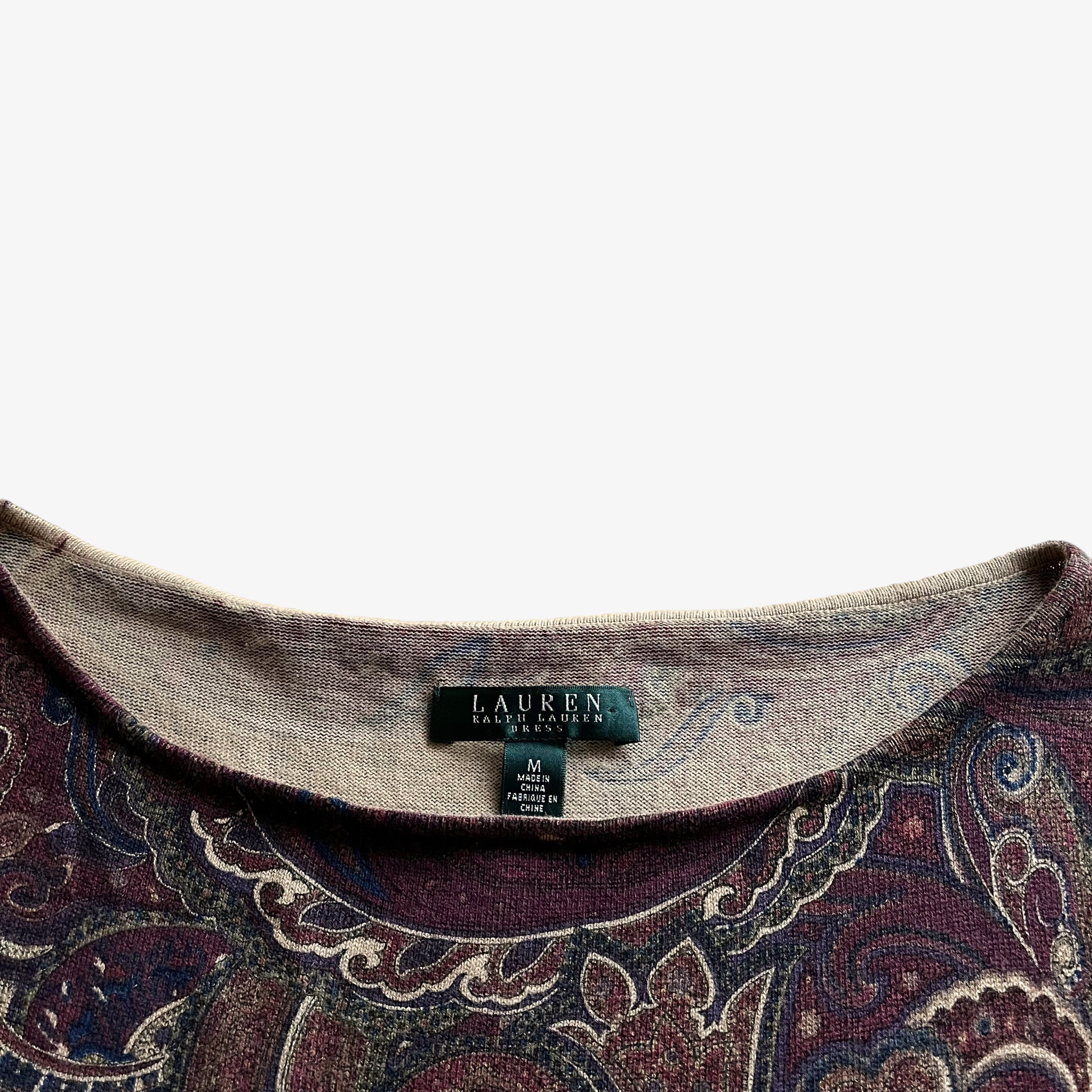 Vintage Y2K Womens Ralph Lauren Burgundy Paisley Print Knitted Jersey Dress Label - Casspios Dream