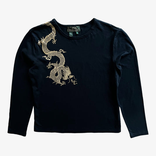 Vintage Y2K Womens Ralph Lauren Gold Dragon Print Long Sleeve Black Top - Casspios Dream