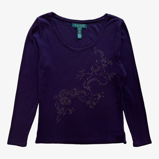 Vintage Y2K Womens Ralph Lauren Long Sleeve Purple Top With Abstract Floral Embroidery - Casspios Dream