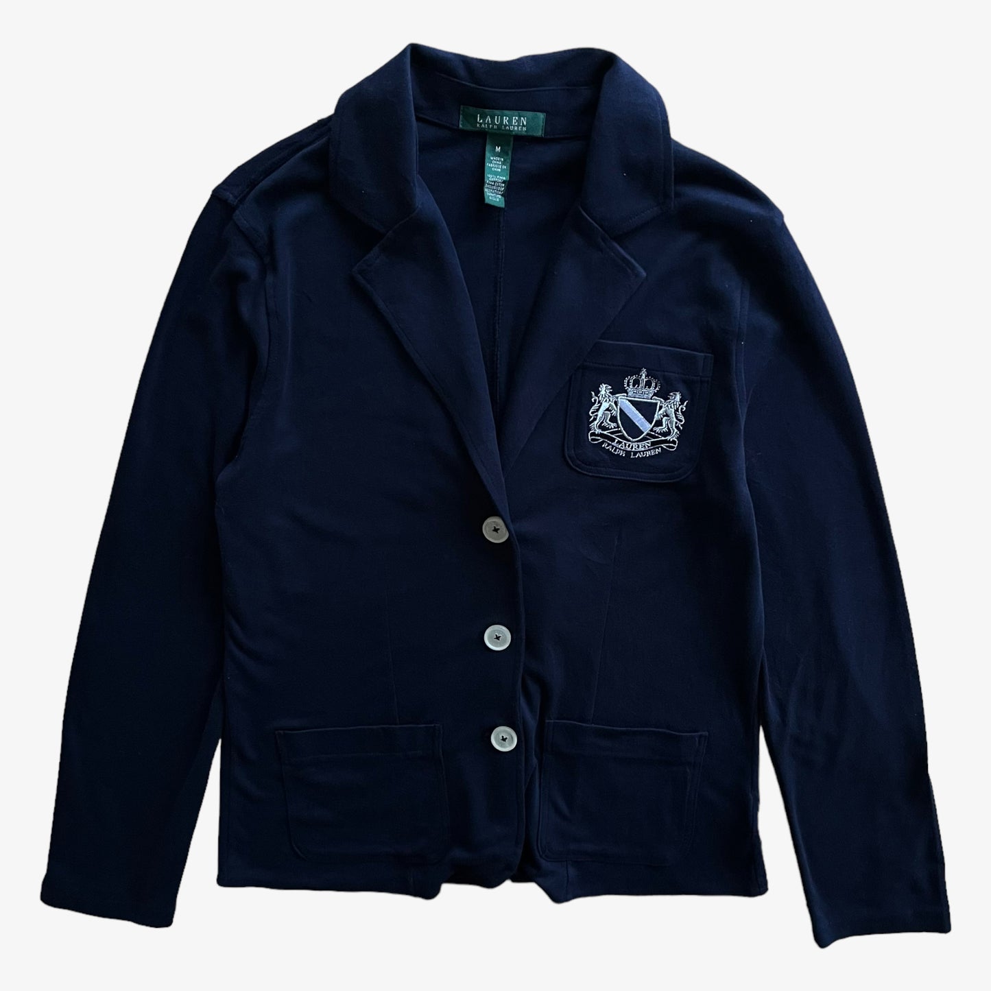 Vintage Y2K Womens Ralph Lauren Navy Blazer With Embroidered Breast Crest - Casspios Dream