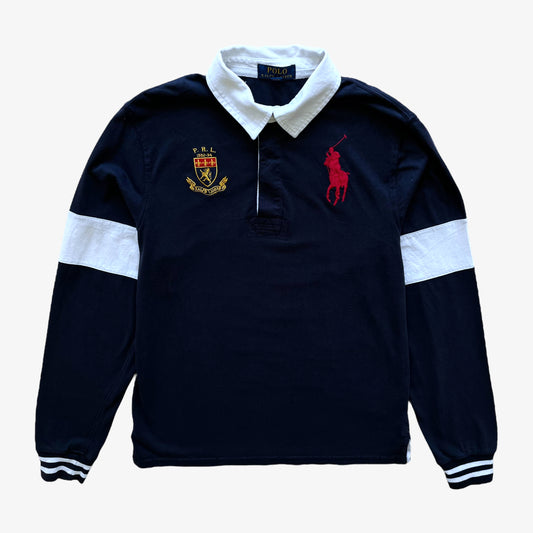 Vintage Y2K Womens Ralph Lauren Navy Rugby Shirt With Embroidered Breast Logo And Crest - Casspios Dream