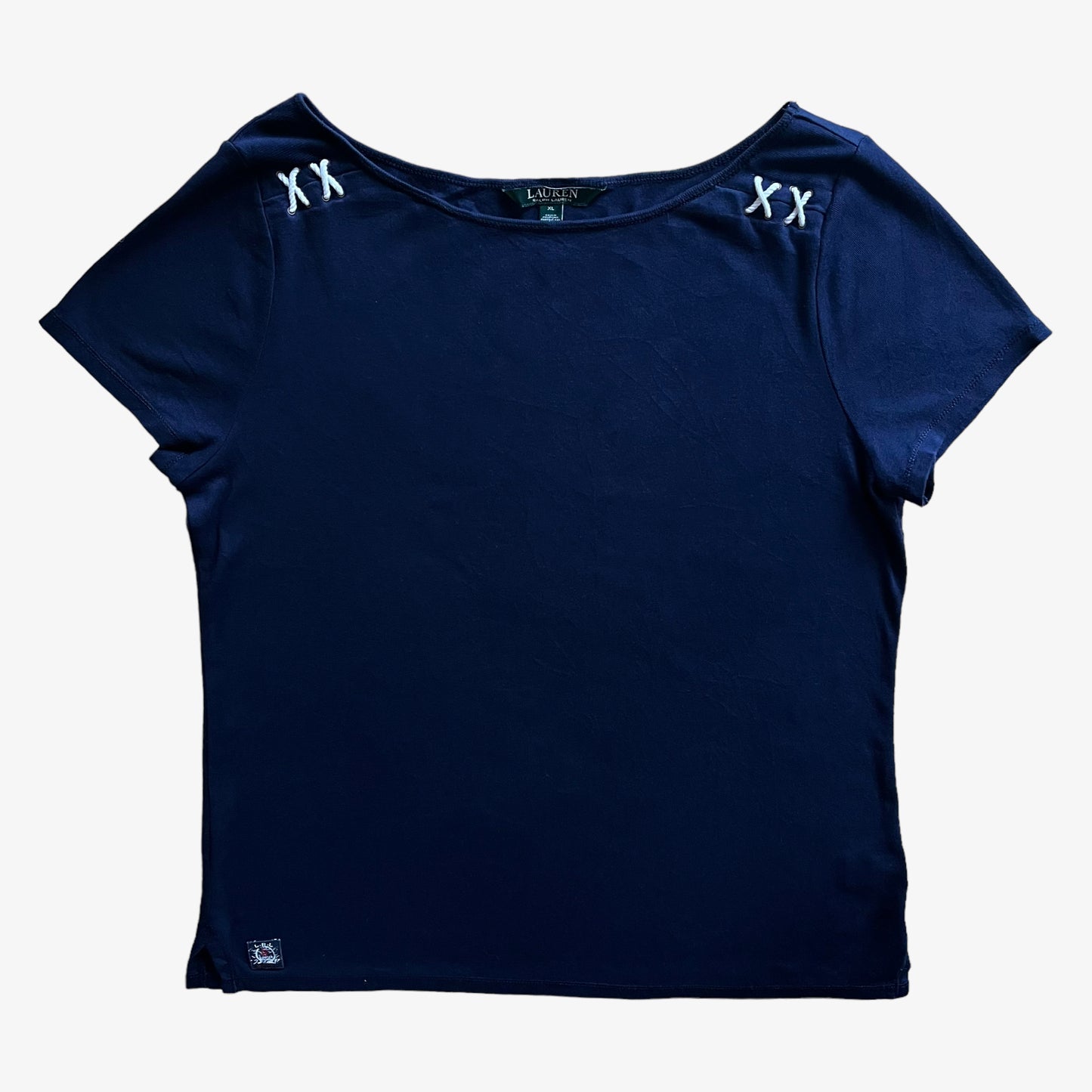 Vintage Y2K Womens Ralph Lauren Navy Top With Shoulder Embroidery - Casspios Dream