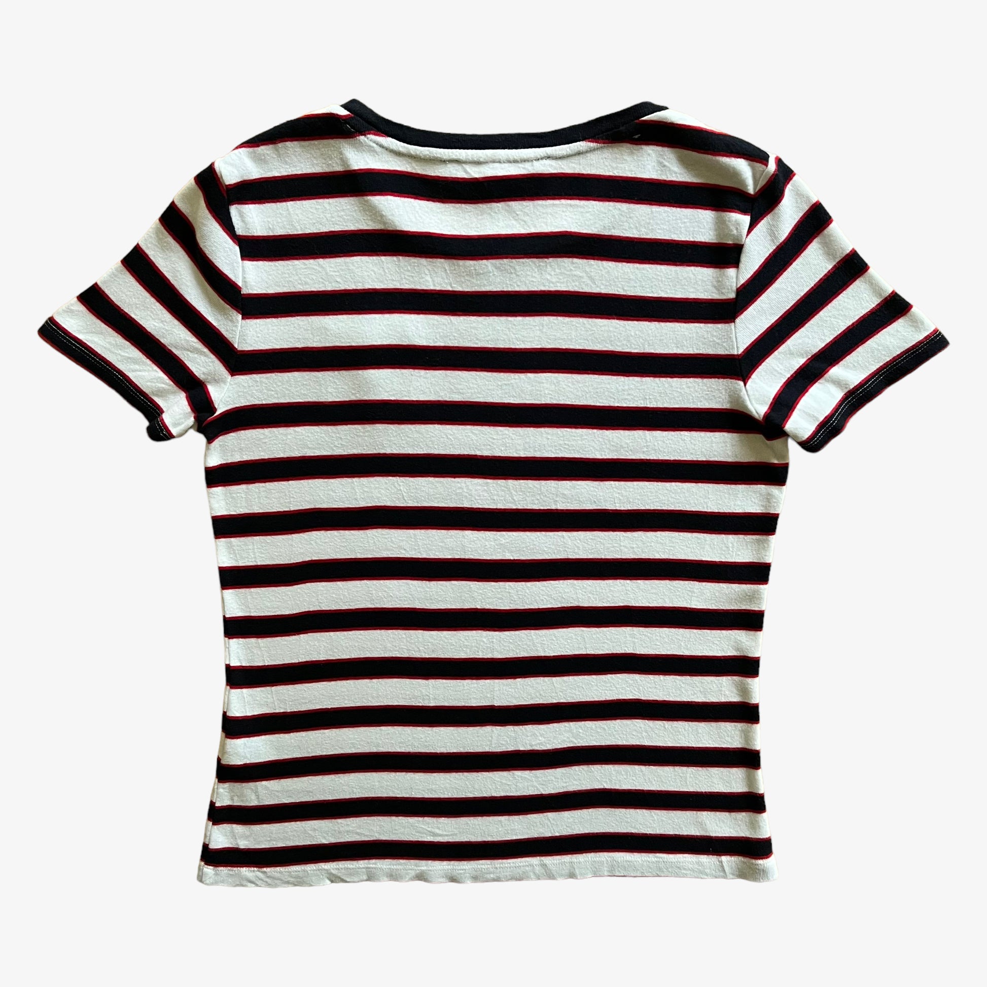 Vintage Y2K Womens Tommy Hilfiger Navy, Red And White Striped Top With Denim Pocket Back - Casspios Dream